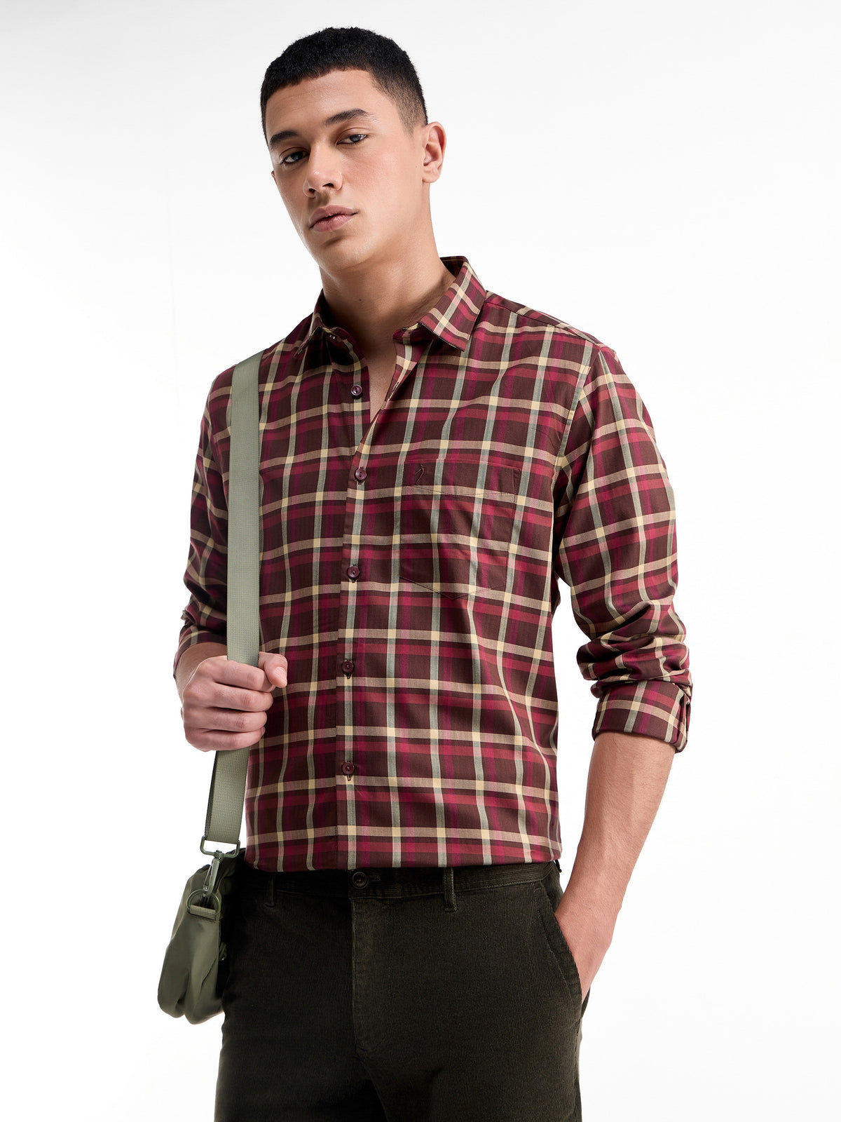 Check Full Sleeve Cotton Shirt - Brown t4option_0