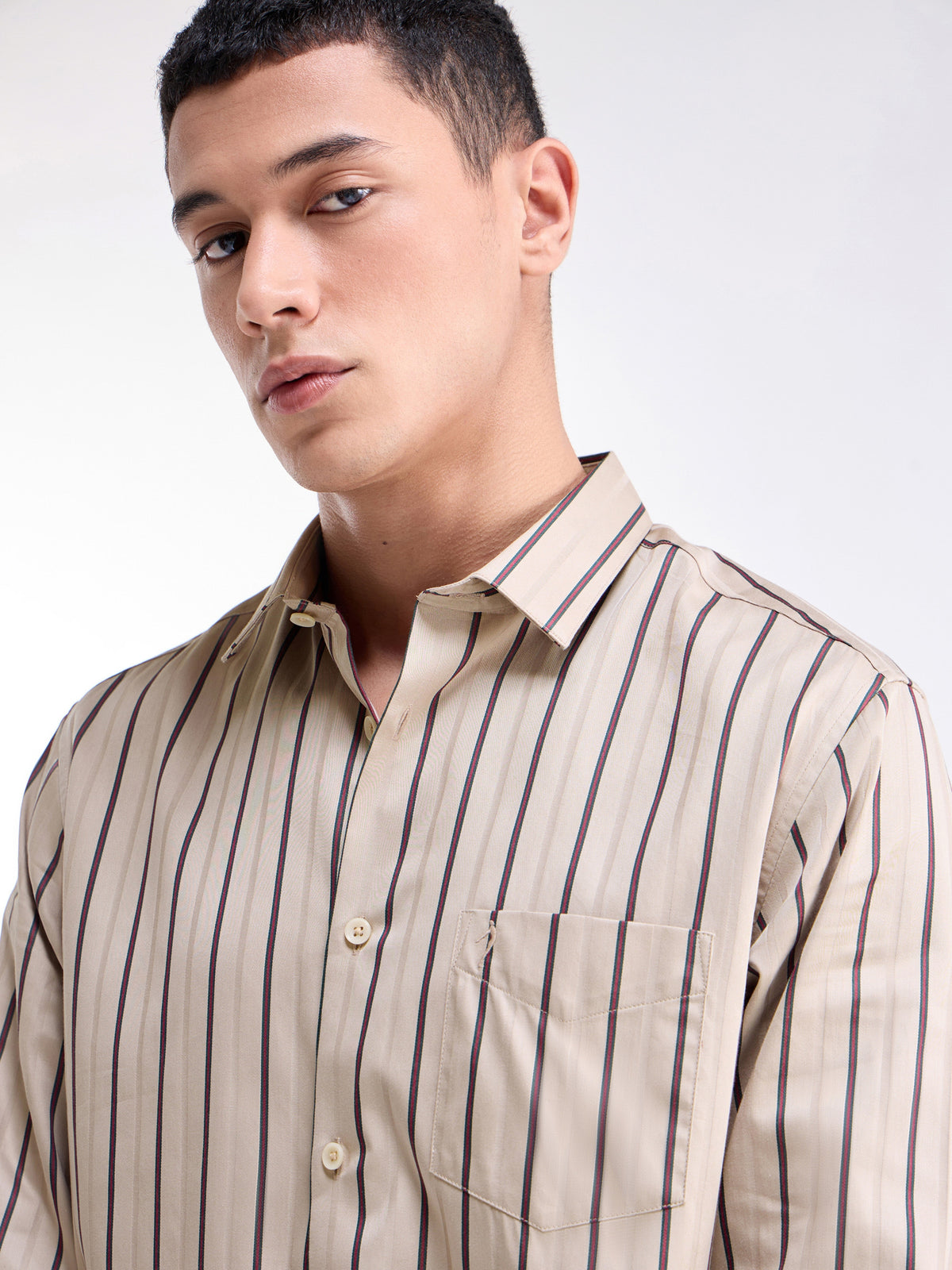 Striped Full Sleeve Cotton Shirt - Beige t4option_0