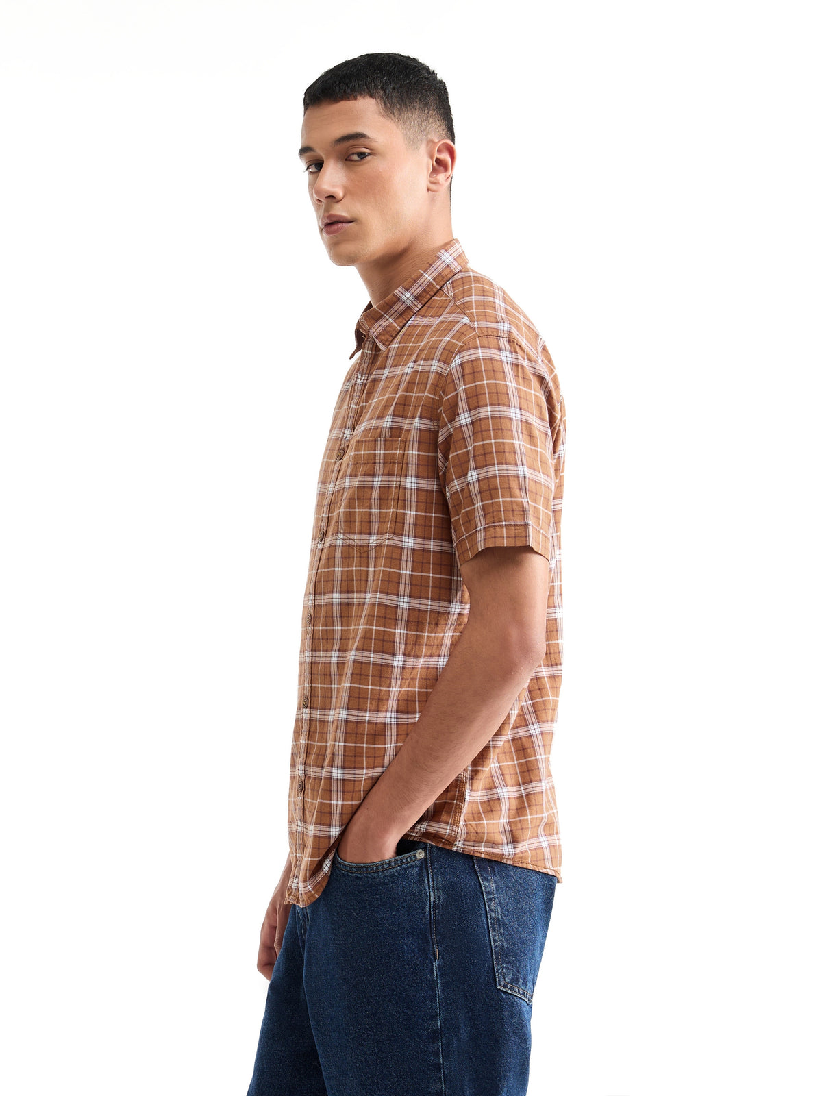Check Half Sleeve Cotton Shirt - Rust Mel t4option_0