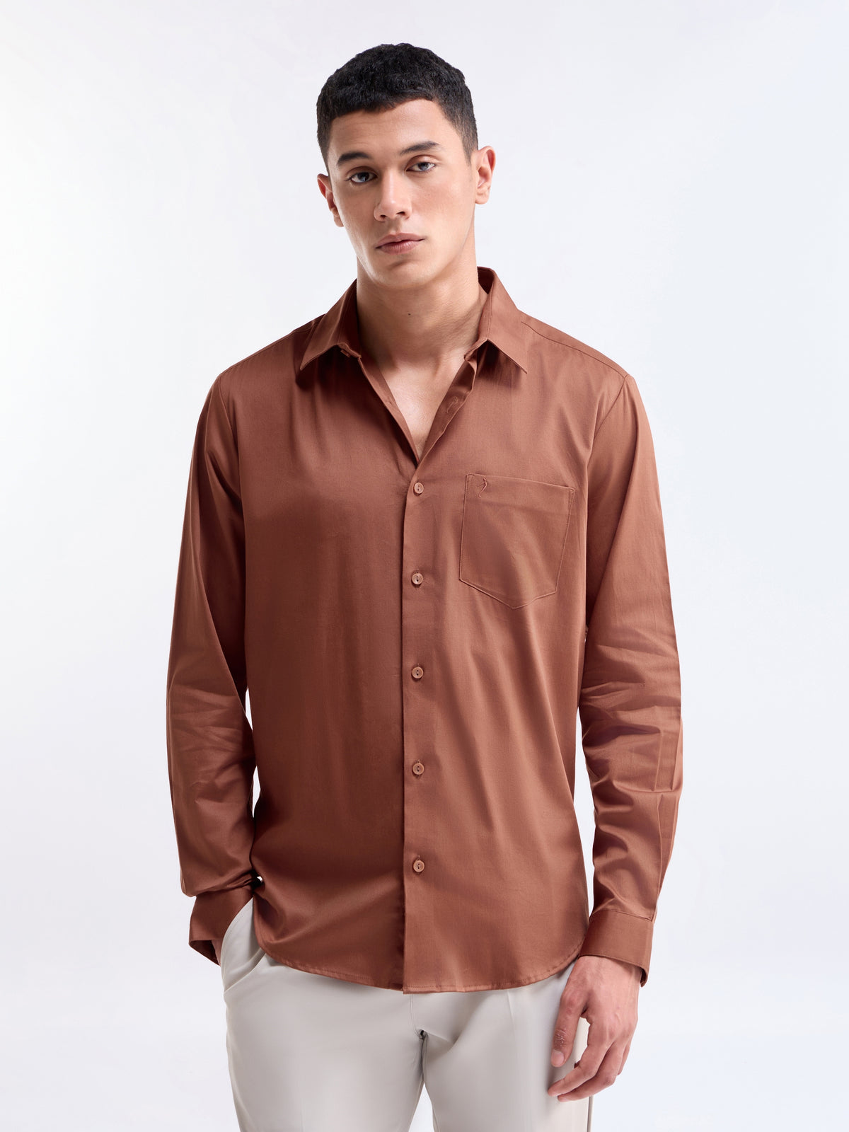 Solid Full Sleeve Cotton Stretch Shirt - Rust t4option_0