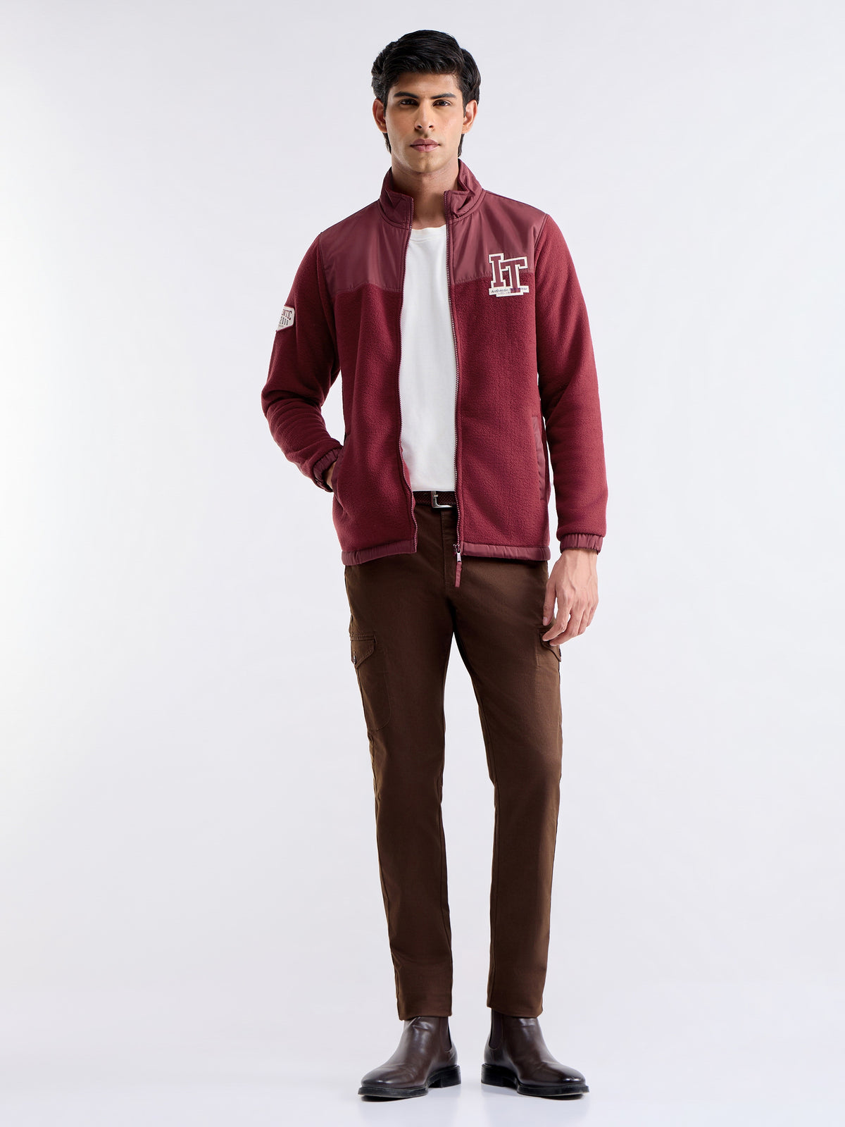 Colour Block High Neck Sweatshirt - Maroon t4option_0