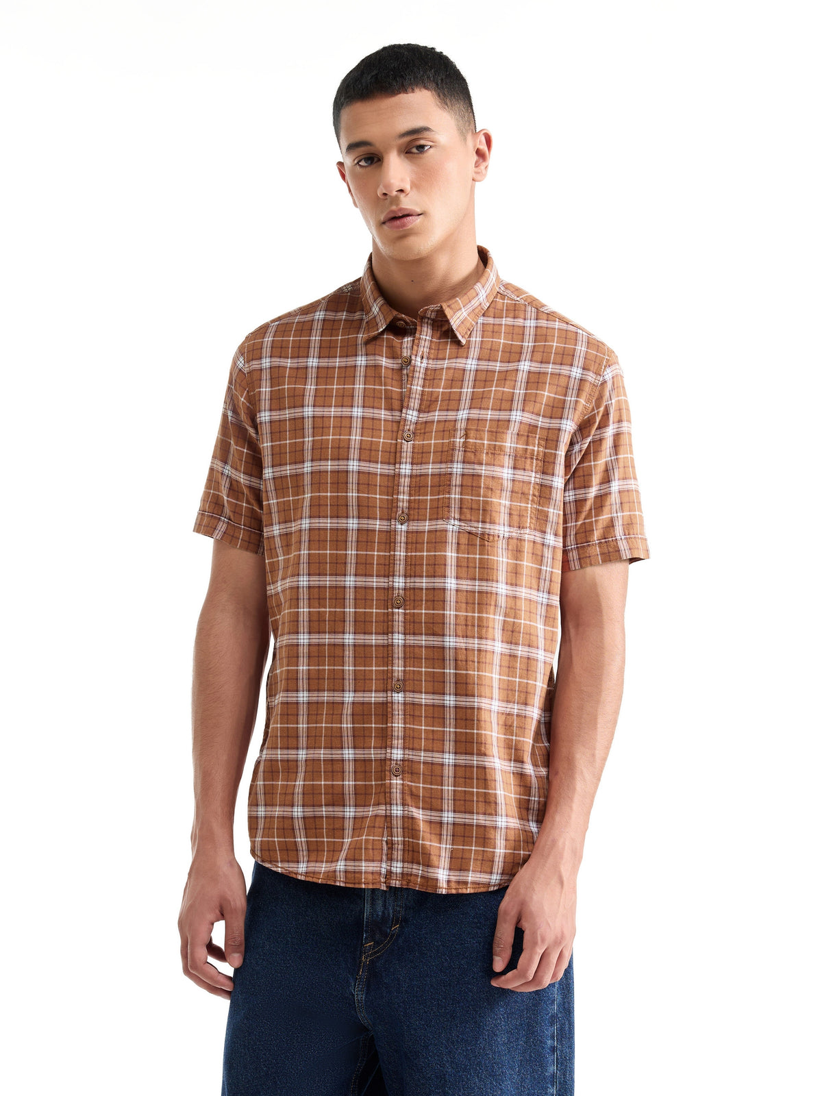 Check Half Sleeve Cotton Shirt - Rust Mel t4option_0