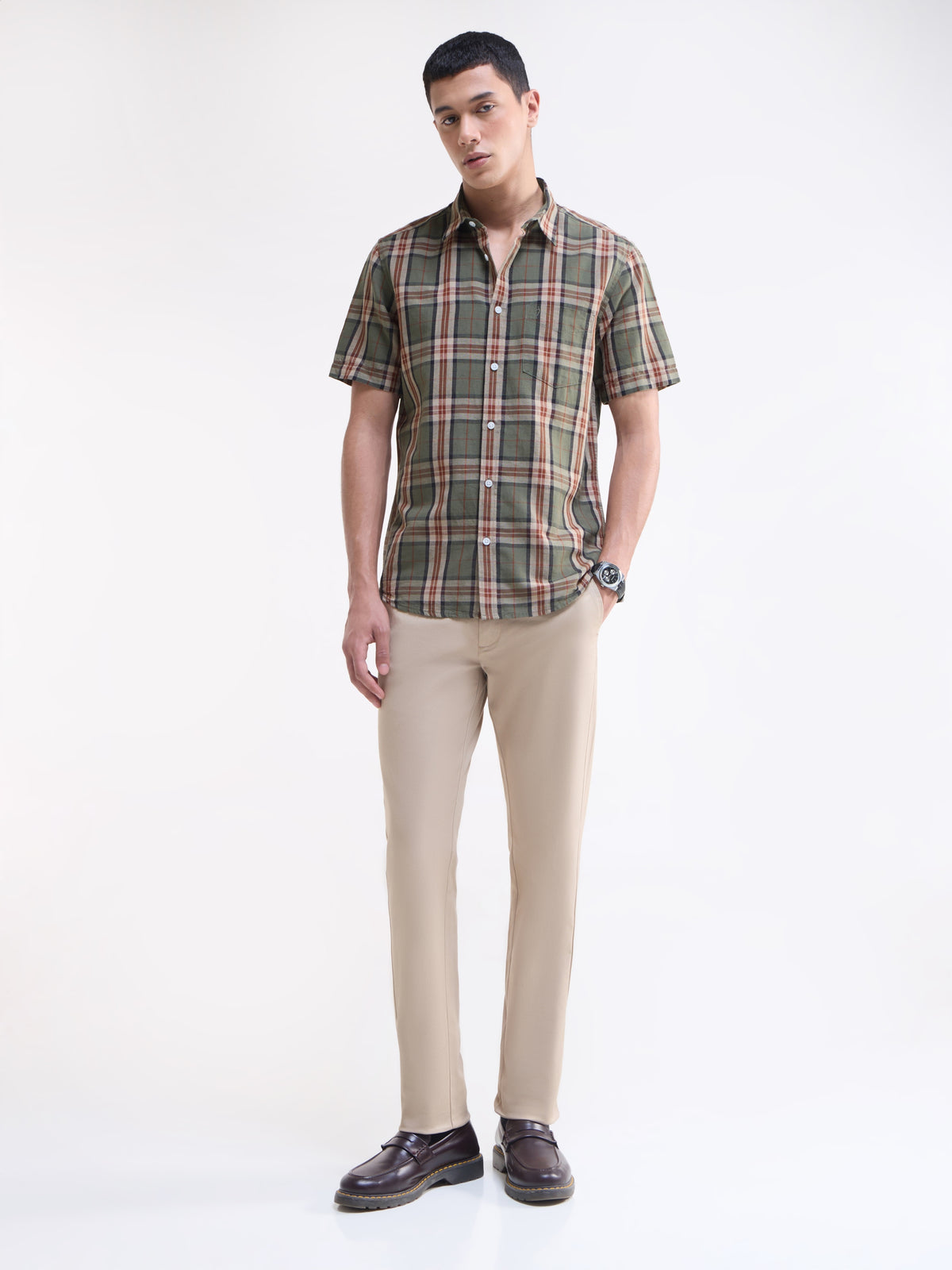 Check Half Sleeve Cotton Linen Shirt - Olive t4option_0