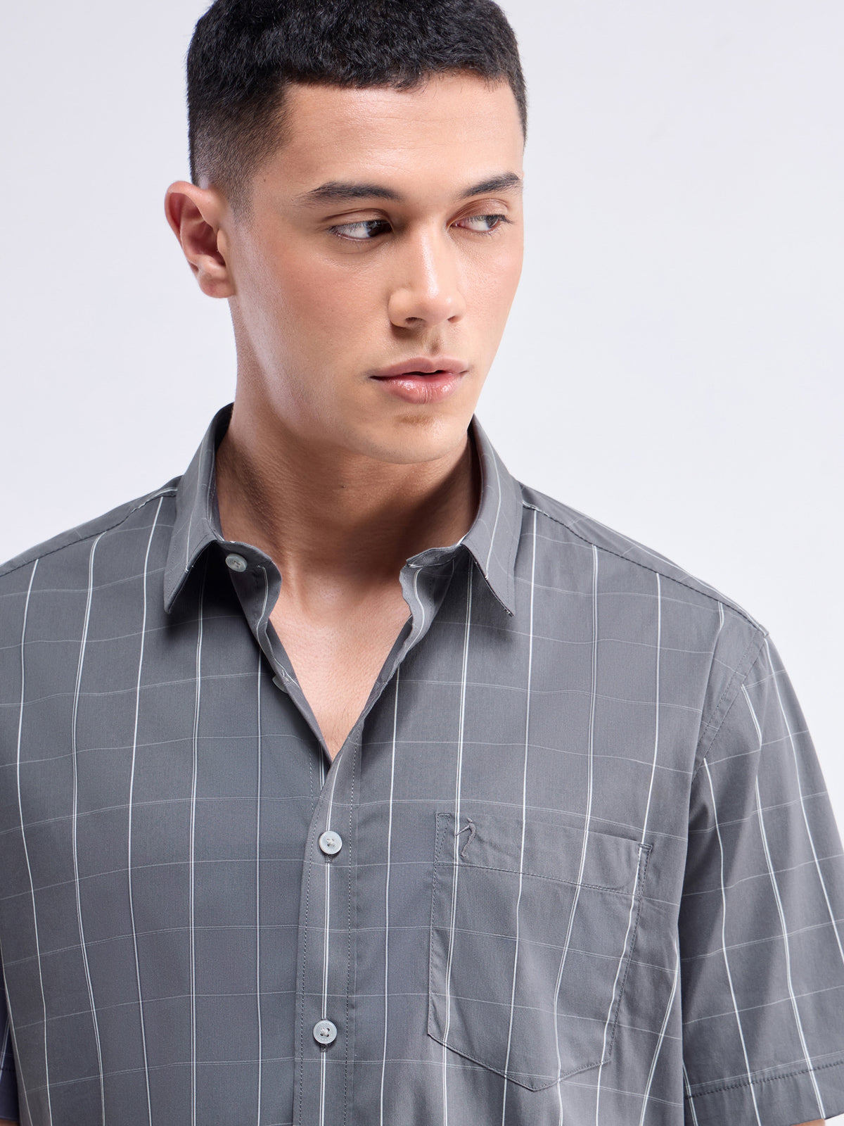 Check Half Sleeve Poly Blend Shirt - Grey t4option_0