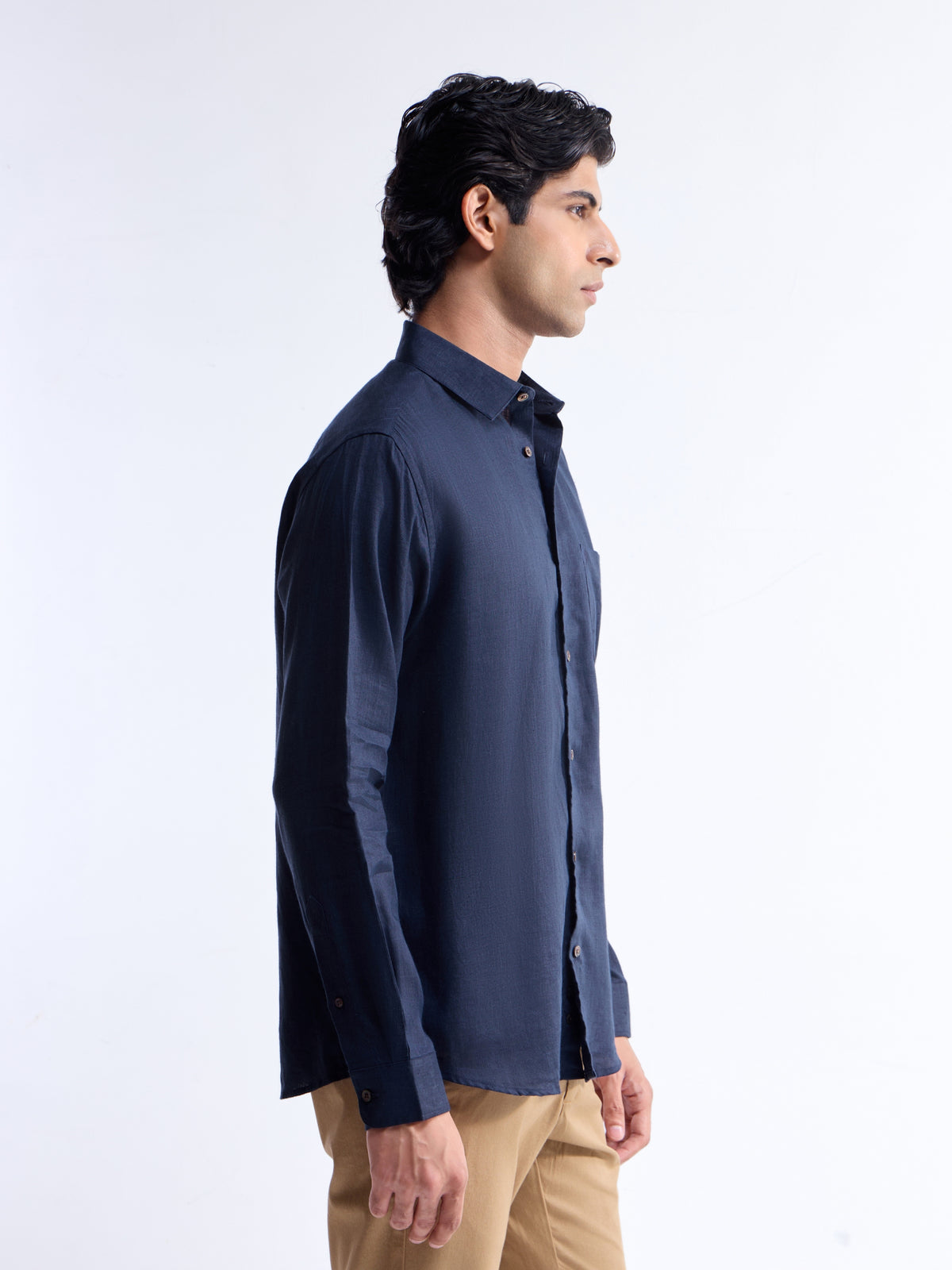 Solid Full Sleeve Linen Shirt - Navy t4option_0