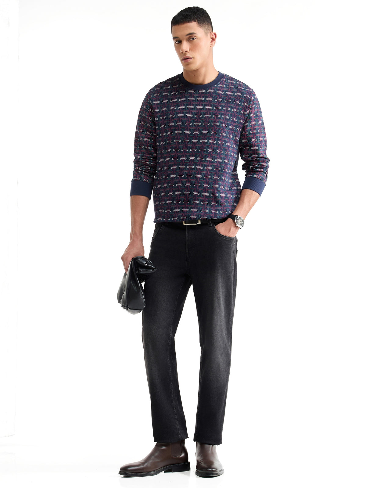 Printed Crew Neck Sweatshirt - Peacoat t4option_0