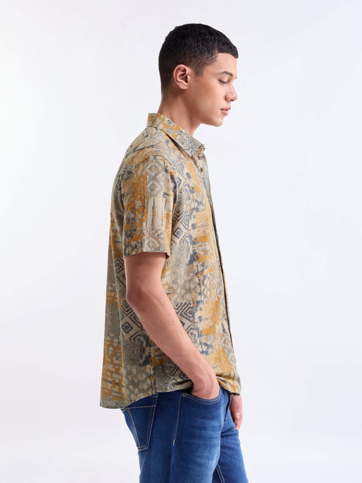 Printed Half Sleeve Cotton Linen Shirt - Ochre t4option_0