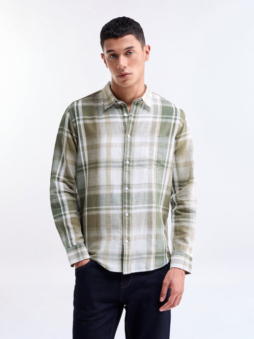Check Full Sleeve Cotton Linen Shirt - Olive t4option_0