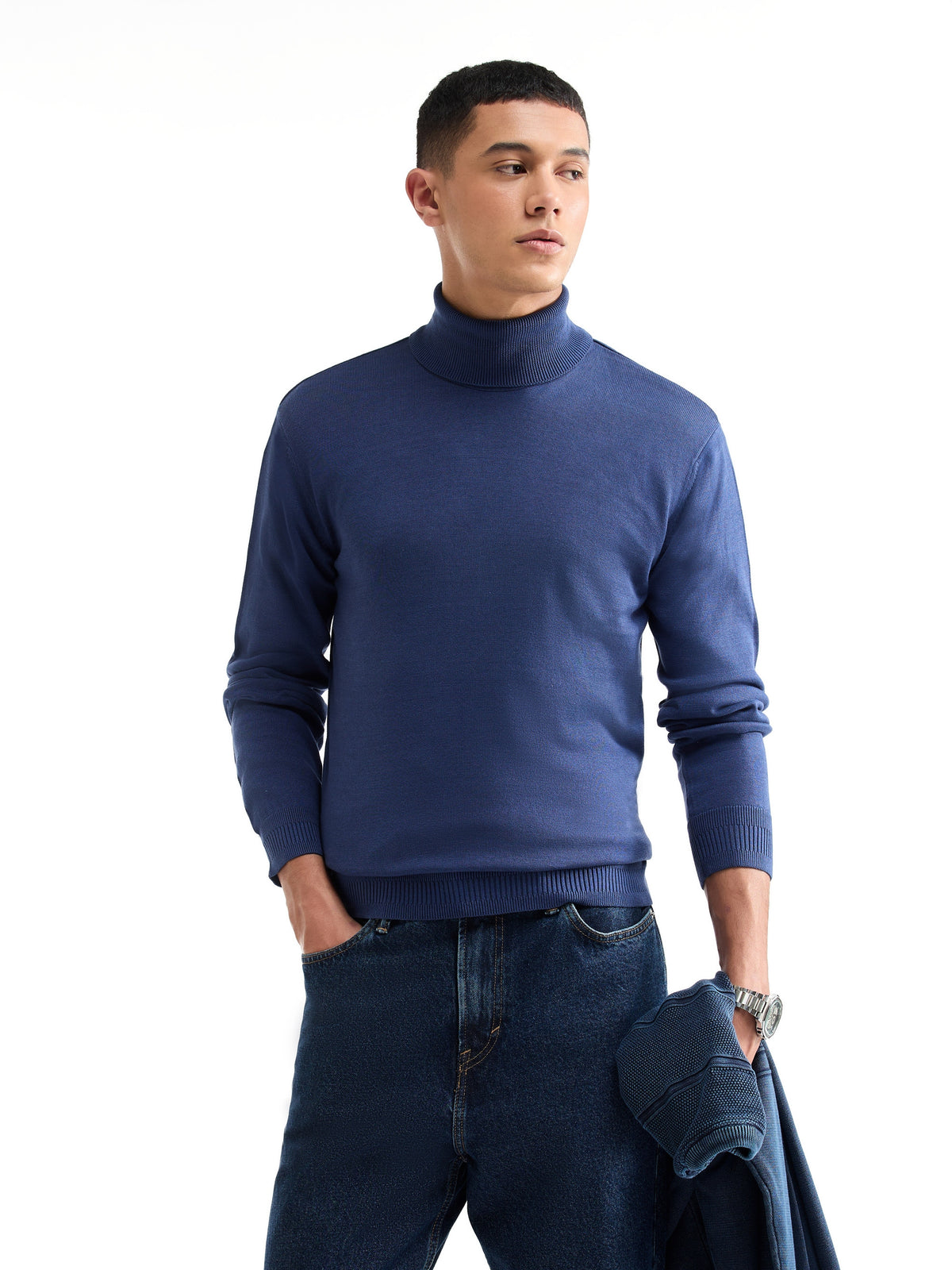 Solid Full Sleeve Turtle Neck Sweater - Depth Blue t4option_0