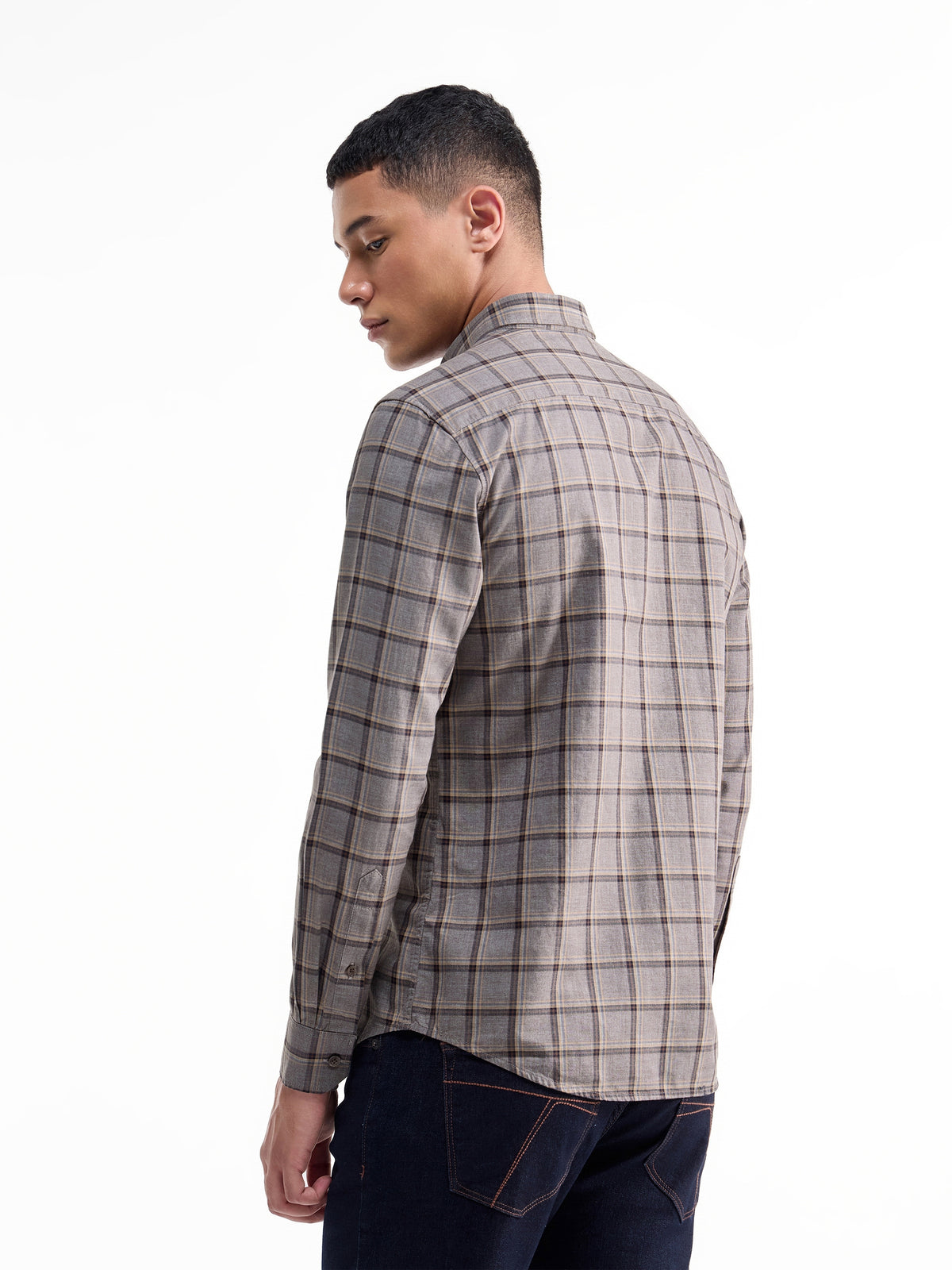 Check Full Sleeve Cotton Shirt - Lt Brown M t4option_0