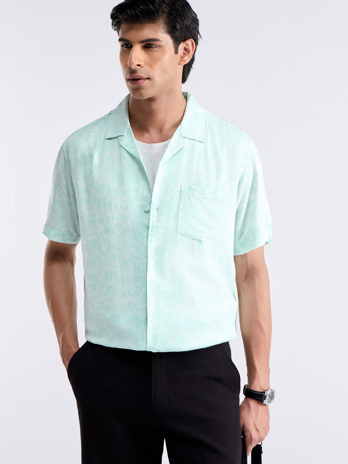 Printed Half Sleeve Tencel Rayon Shirt - Lt Green t4option_0