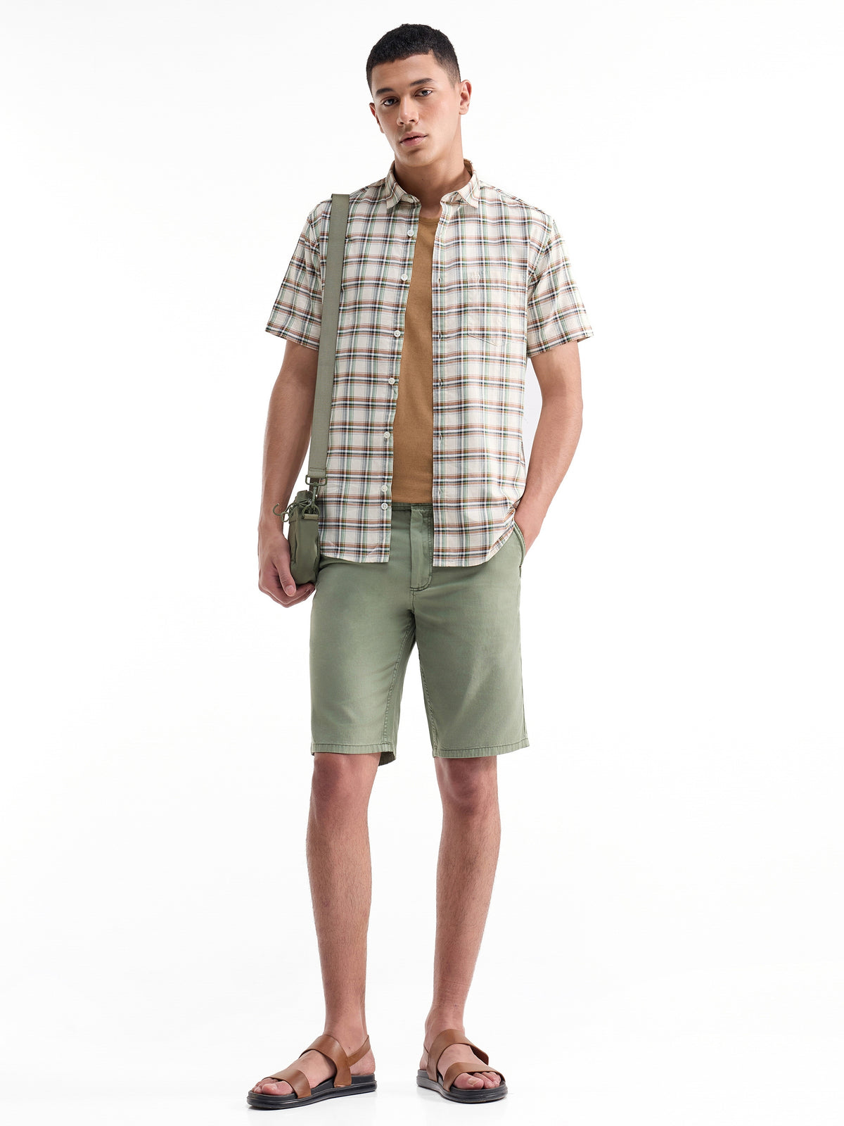 Check Half Sleeve Cotton Shirt - Ecru t4option_0