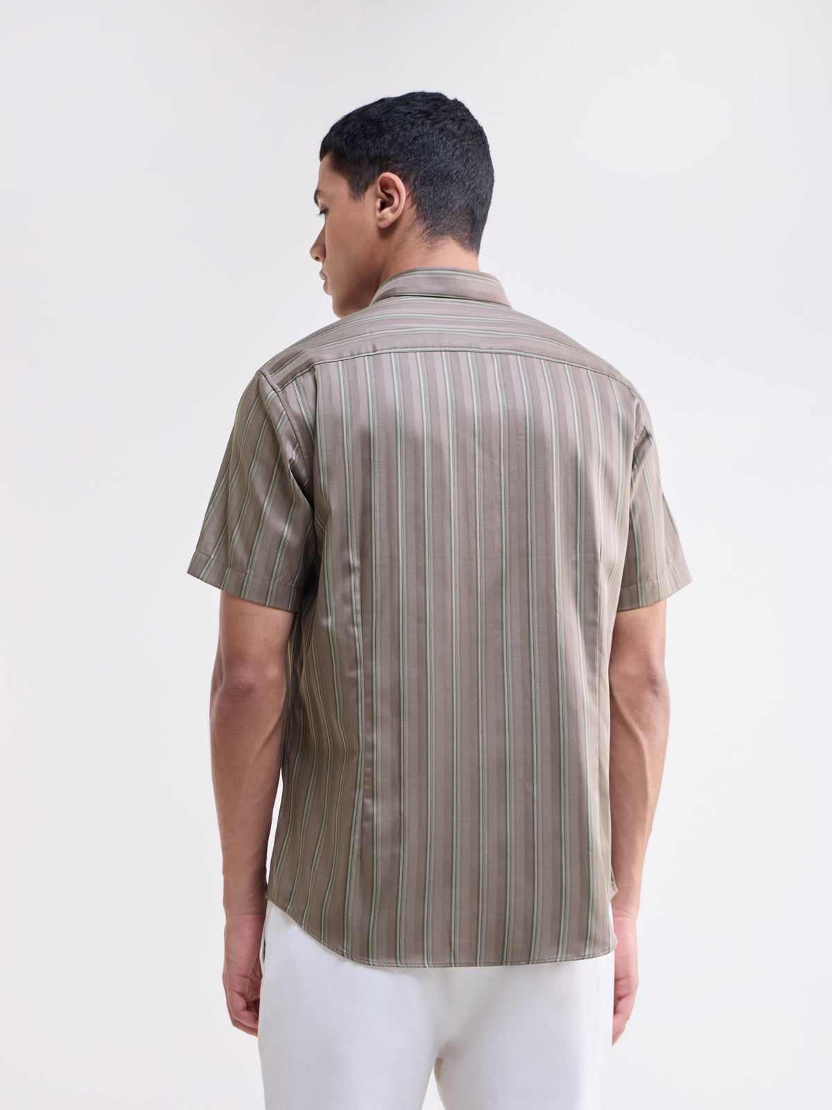 Striped Half Sleeve Cotton Shirt - Lt Brown t4option_0