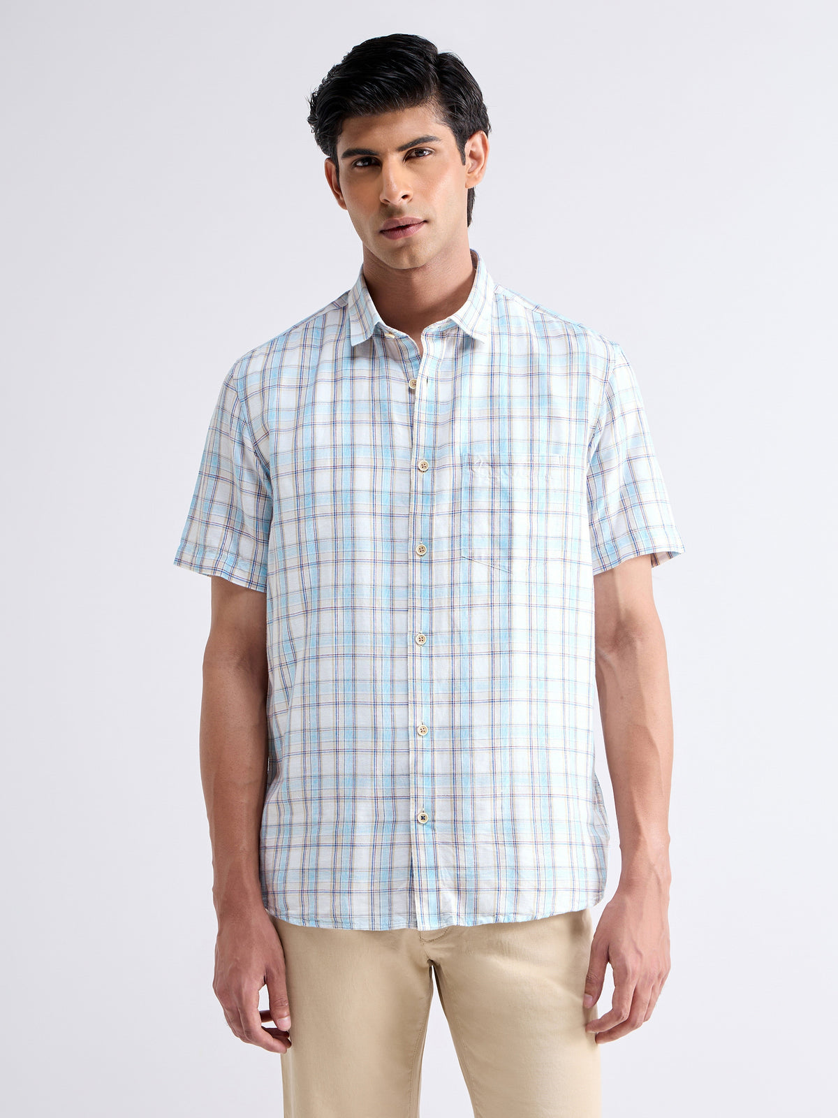 Check Half Sleeve Cotton Linen Shirt - Khaki t4option_0