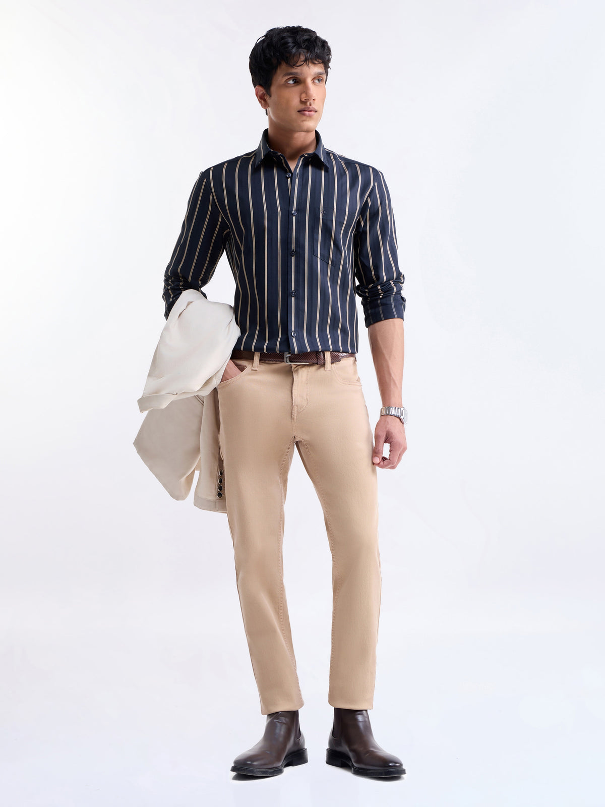 Striped Full Sleeve Cotton Shirt - Navy t4option_1