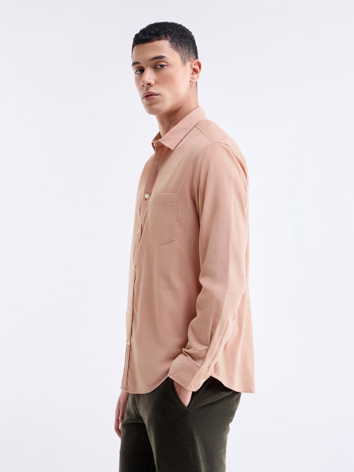 Solid Full Sleeve Cotton Tencel Shirt - Clay t4option_0