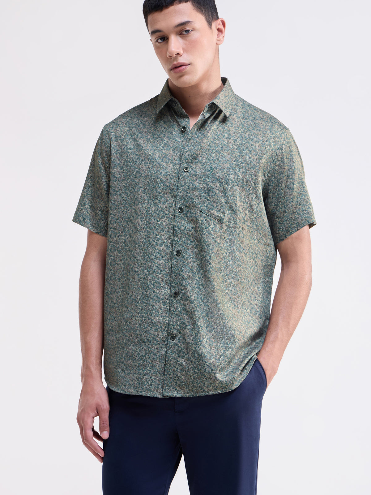Printed Half Sleeve Cotton Shirt - Black t4option_0