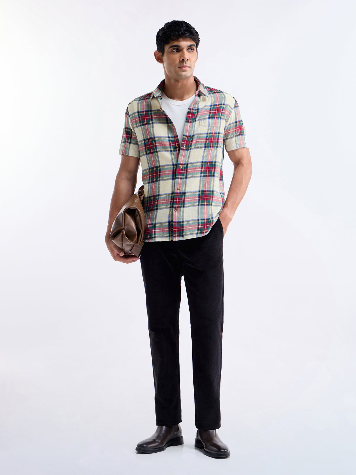 Check Half Sleeve Cotton Shirt - Ecru t4option_0