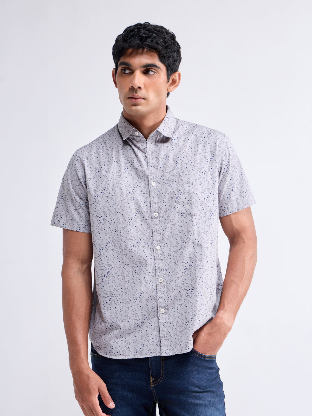 Printed Half Sleeve Cotton Shirt - Grey t4option_0