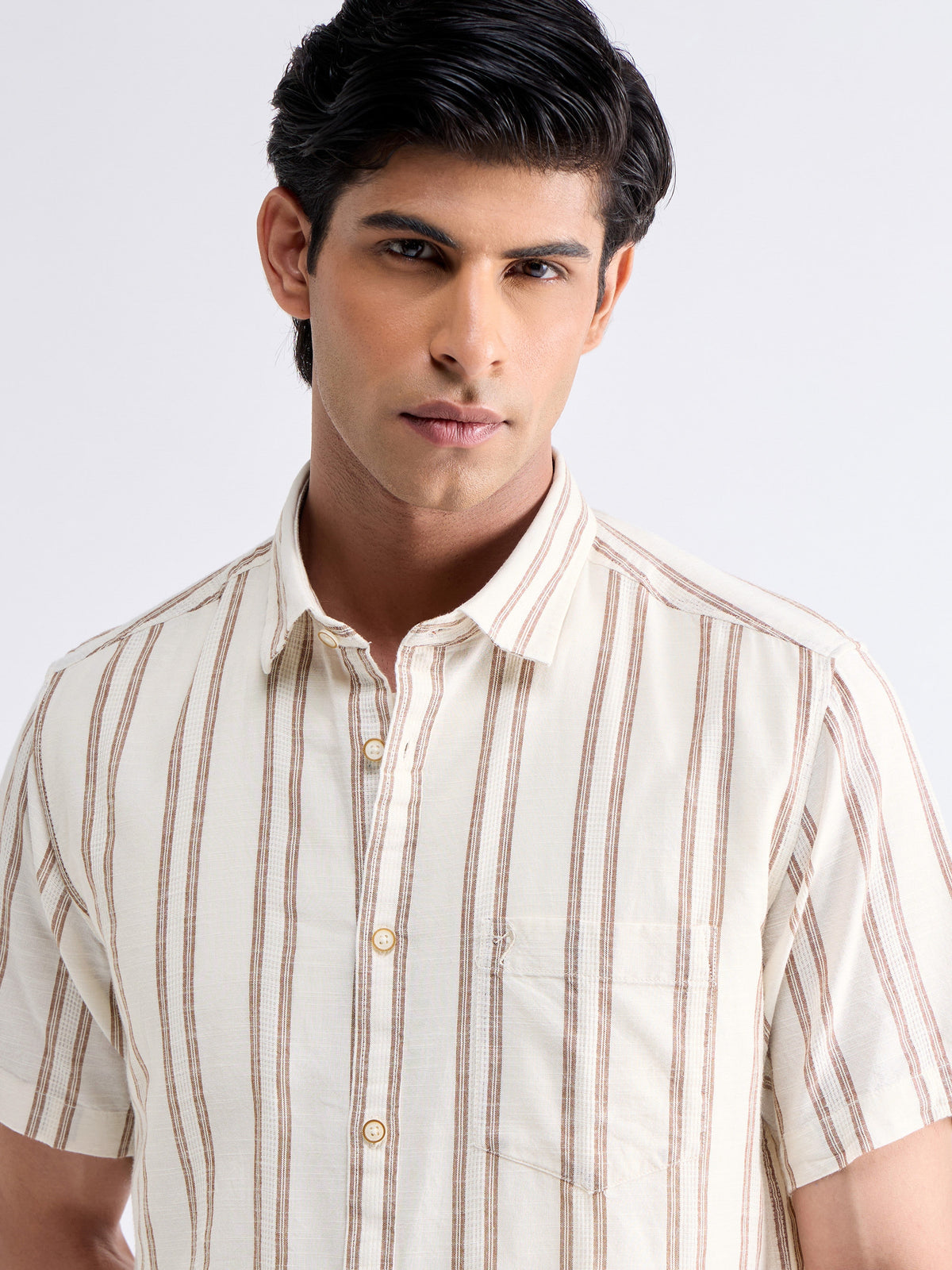 Striped Half Sleeve Cotton Shirt - Beige t4option_0