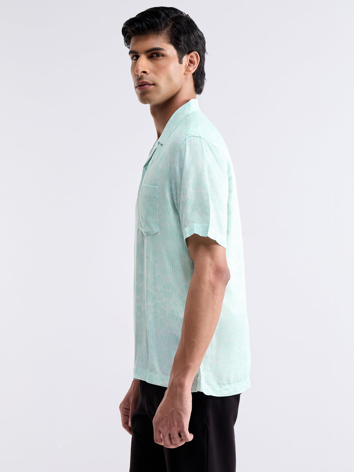 Printed Half Sleeve Tencel Rayon Shirt - Lt Green t4option_0