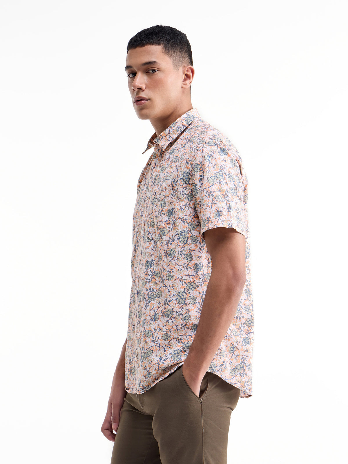 Printed Half Sleeve Cotton Shirt - Peach t4option_1
