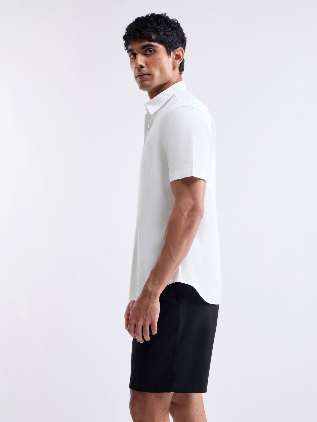 Solid Half Sleeve Cotton Stretch Shirt - White t4option_0