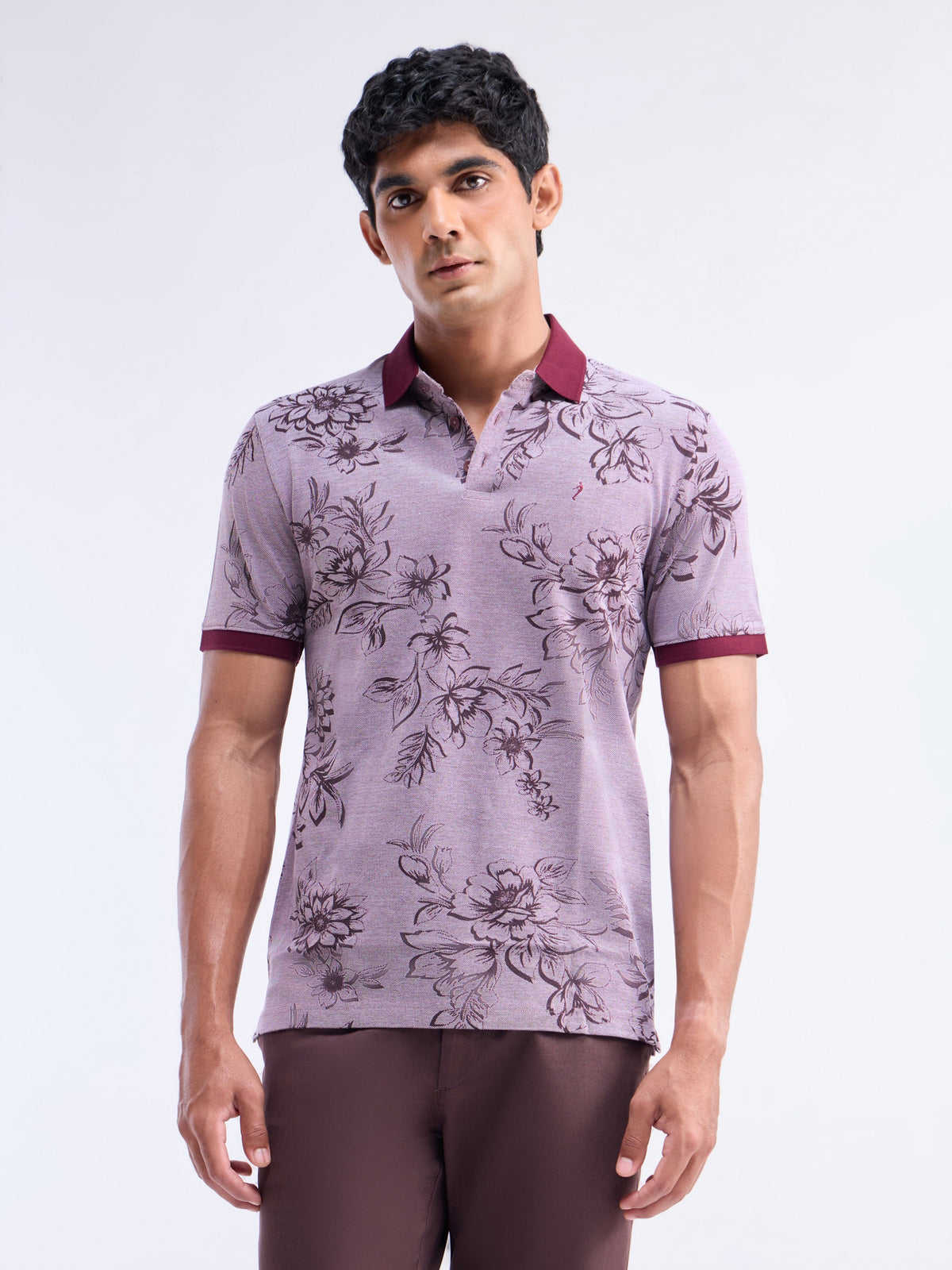 Printed Half Sleeve Regular Fit Polo T-Shirt - Dk Wine t4option_1