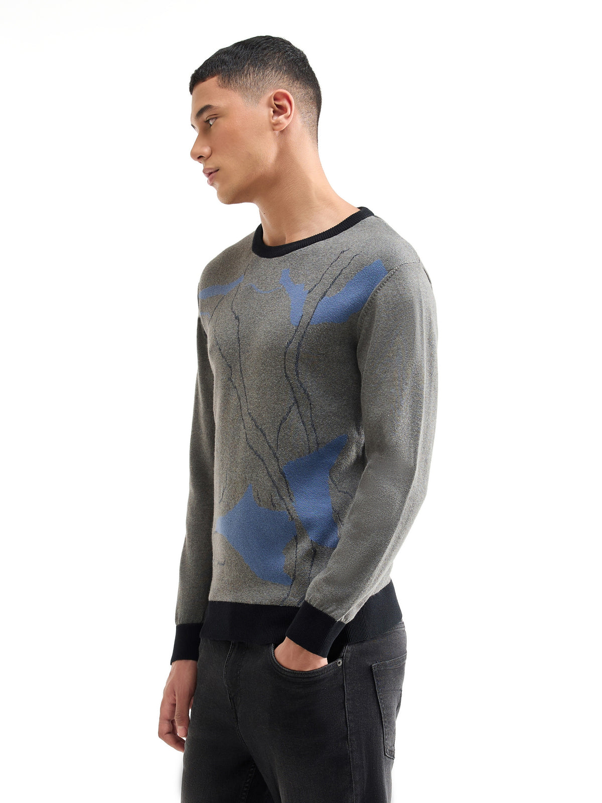 Jacquard Full Sleeve Crew Neck Sweater - Grey Mel t4option_1