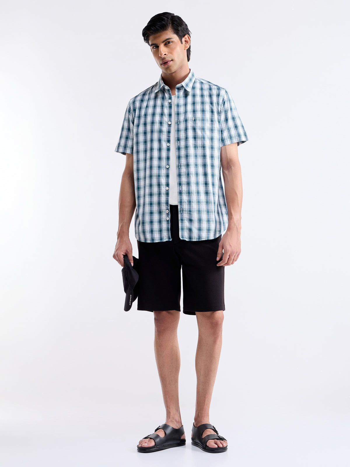 Check Half Sleeve Cotton Shirt - Sky t4option_0