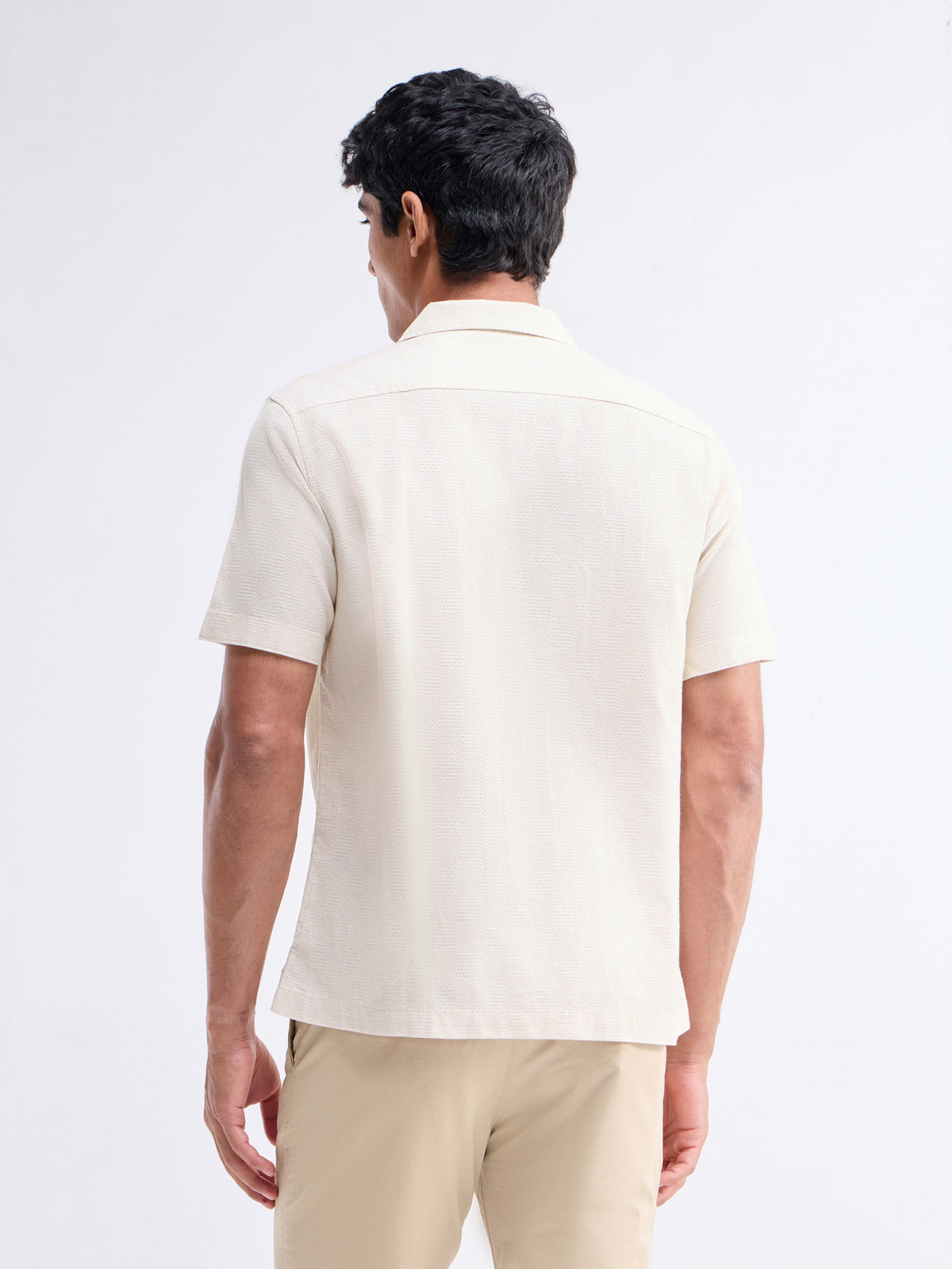 Solid Half Sleeve Cotton Shirt - Beige t4option_0