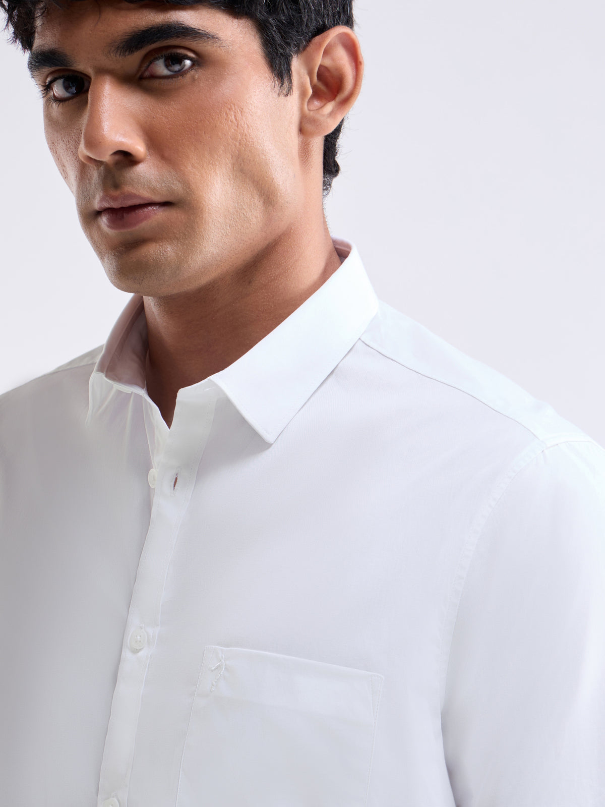 Solid Half Sleeve Cotton Stretch Shirt - White t4option_2