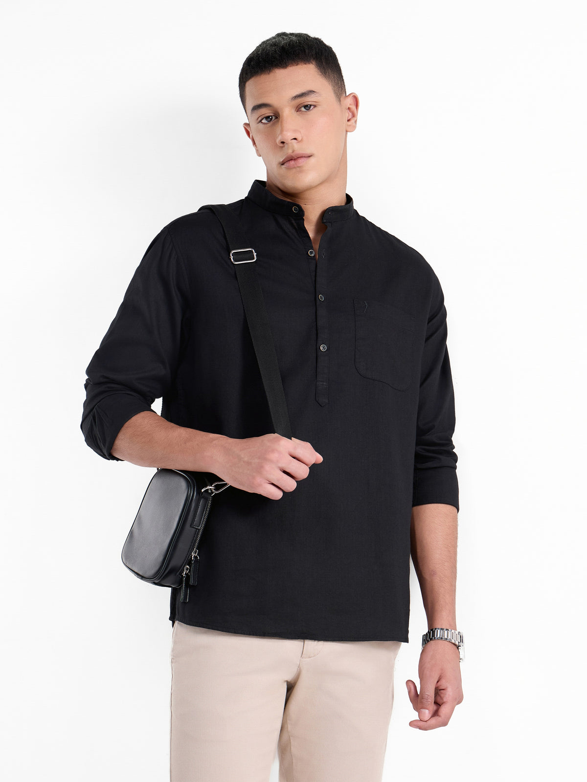 Solid Full Sleeve Cotton Shirt - Black t4option_0