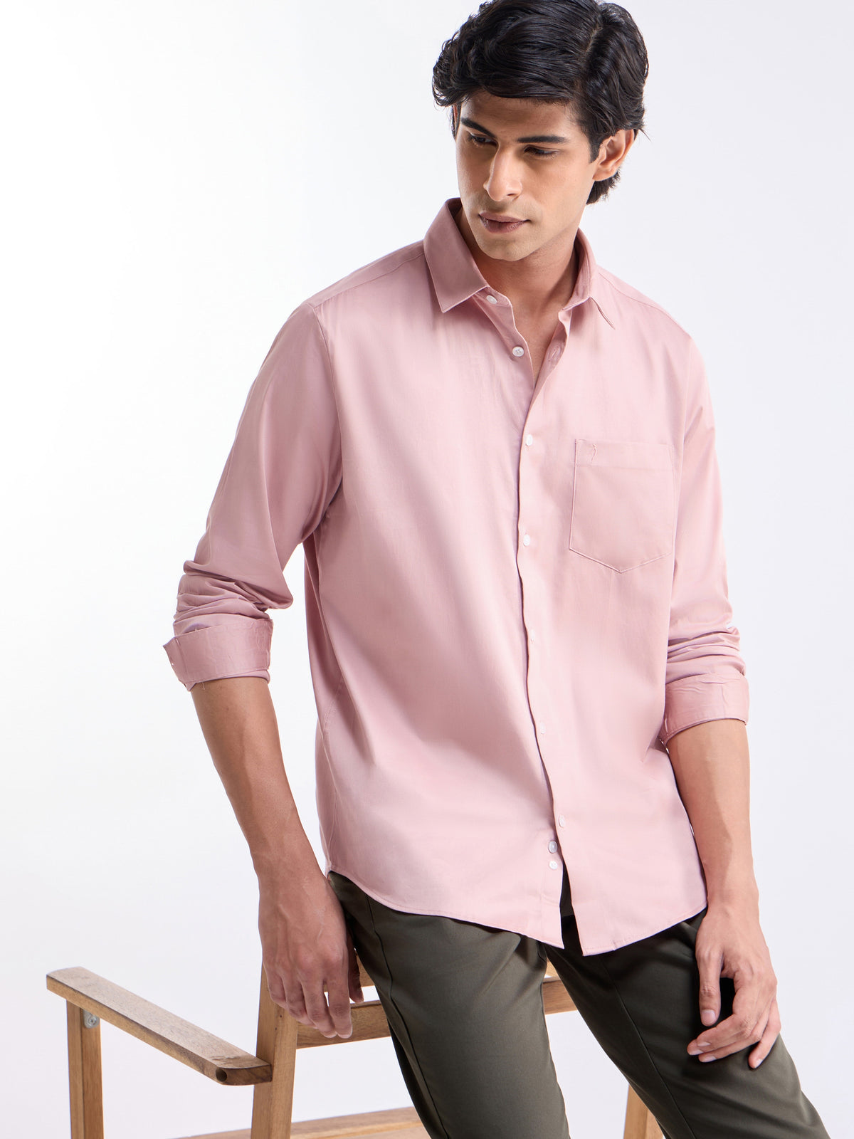 Solid Full Sleeve Cotton Stretch Shirt - Mid Pink t4option_5