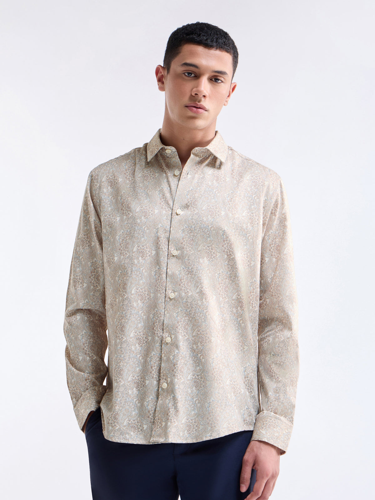 Printed Full Sleeve Cotton Shirt - Ecru t4option_0