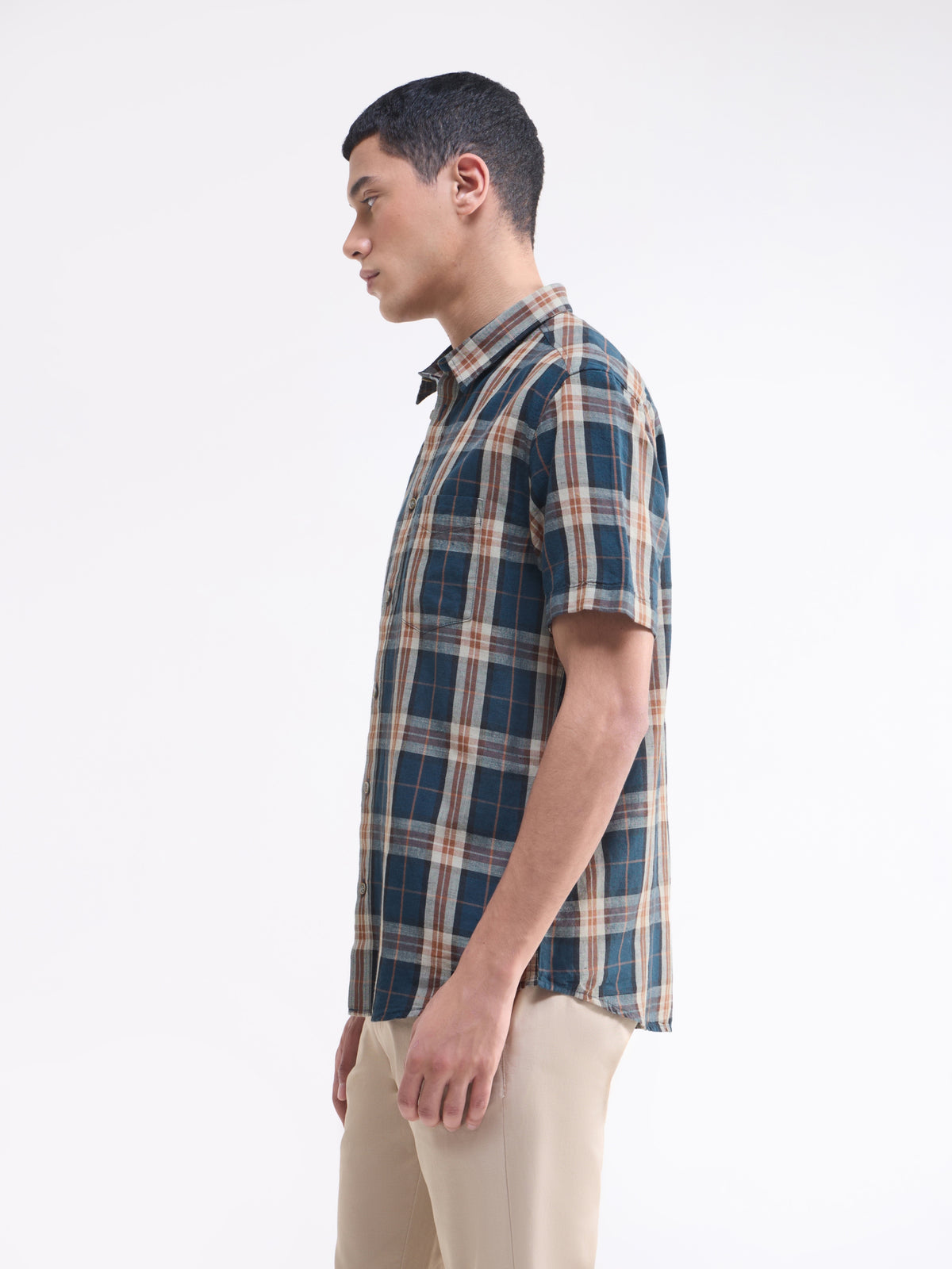 Check Half Sleeve Cotton Linen Shirt - Teal t4option_1