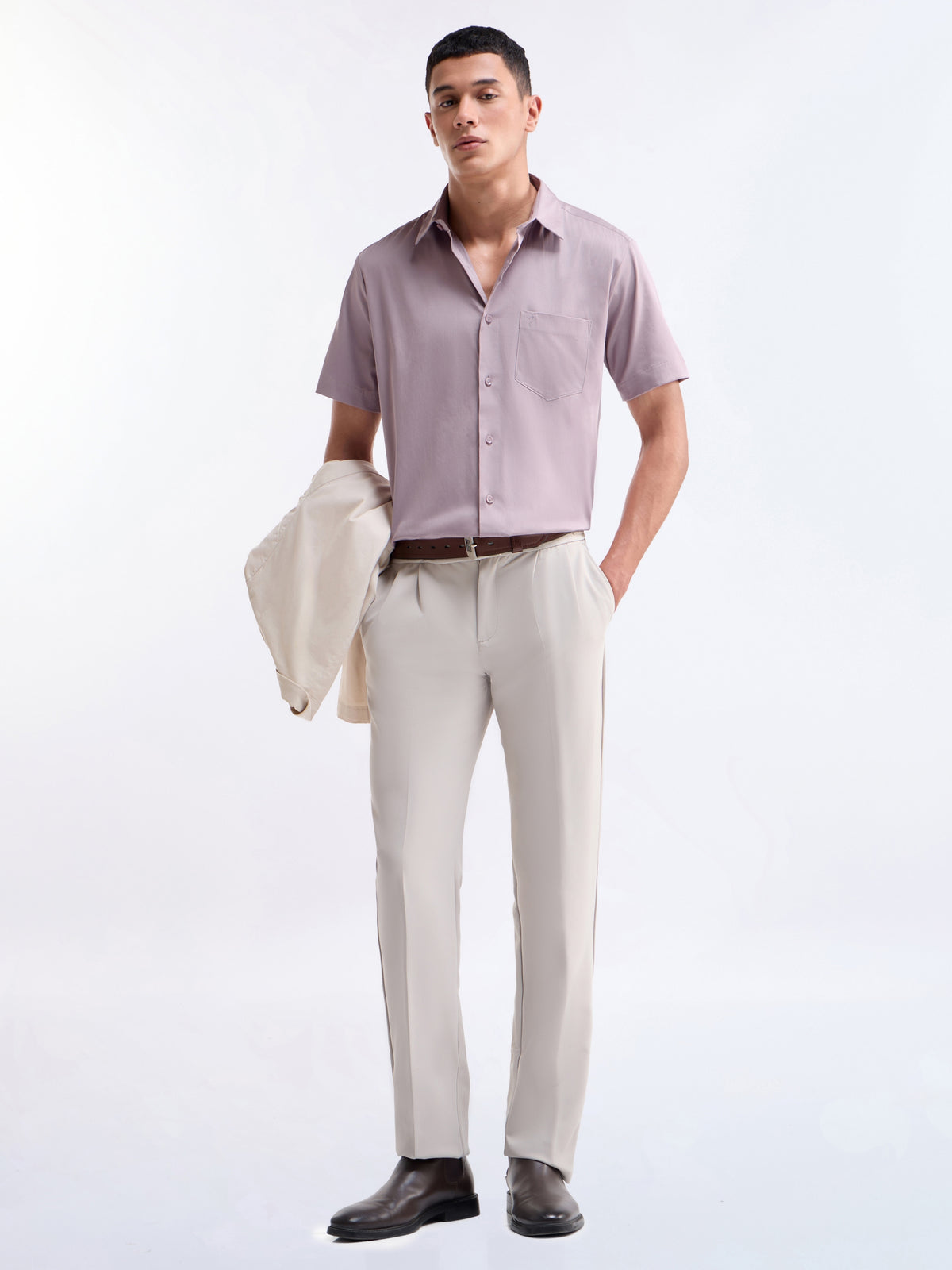 Solid Half Sleeve Cotton Stretch Shirt - Mauve t4option_3
