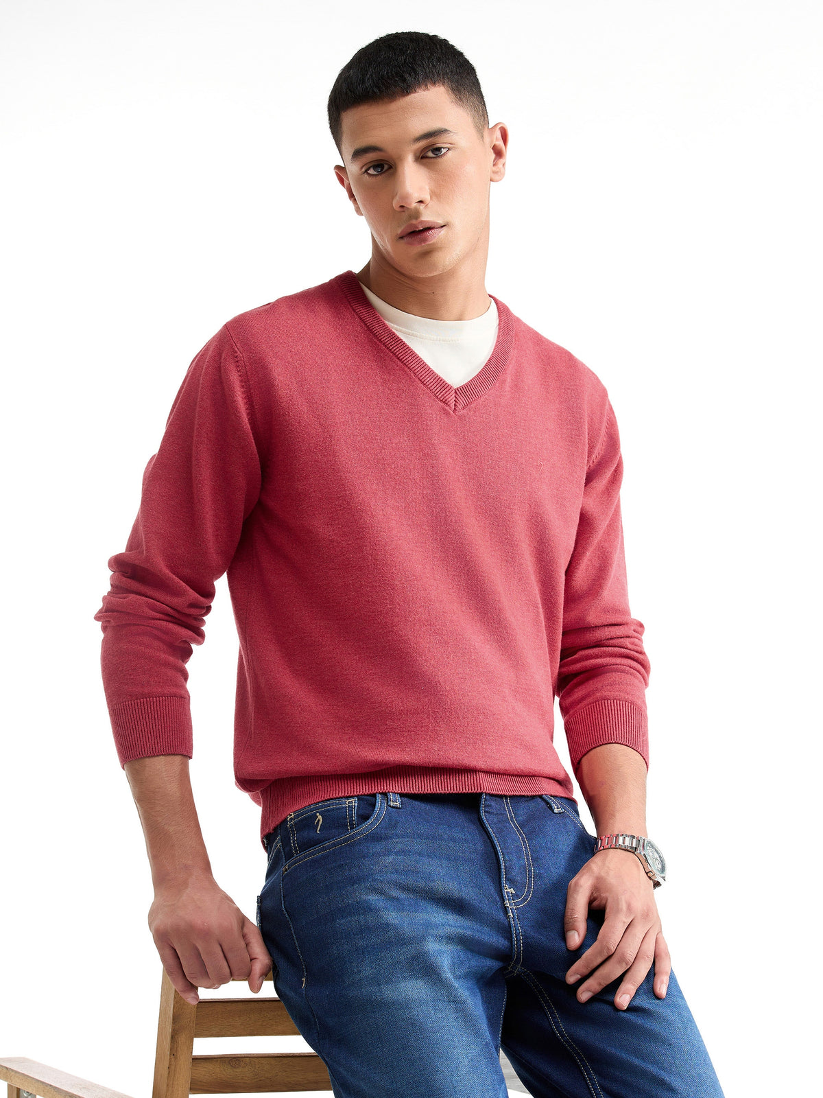Solid Full Sleeve V-Neck Sweater - Savvy Red t4option_0