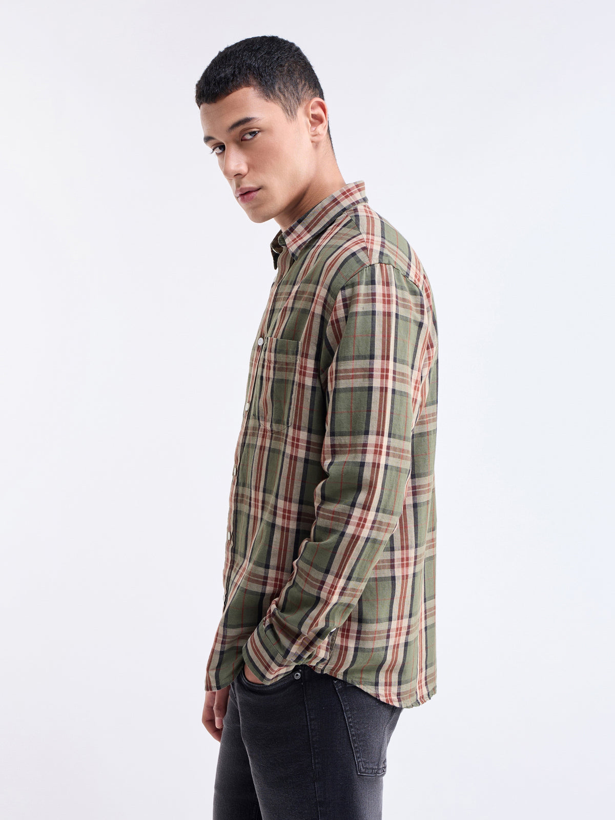 Check Full Sleeve Cotton Linen Shirt - Olive t4option_0