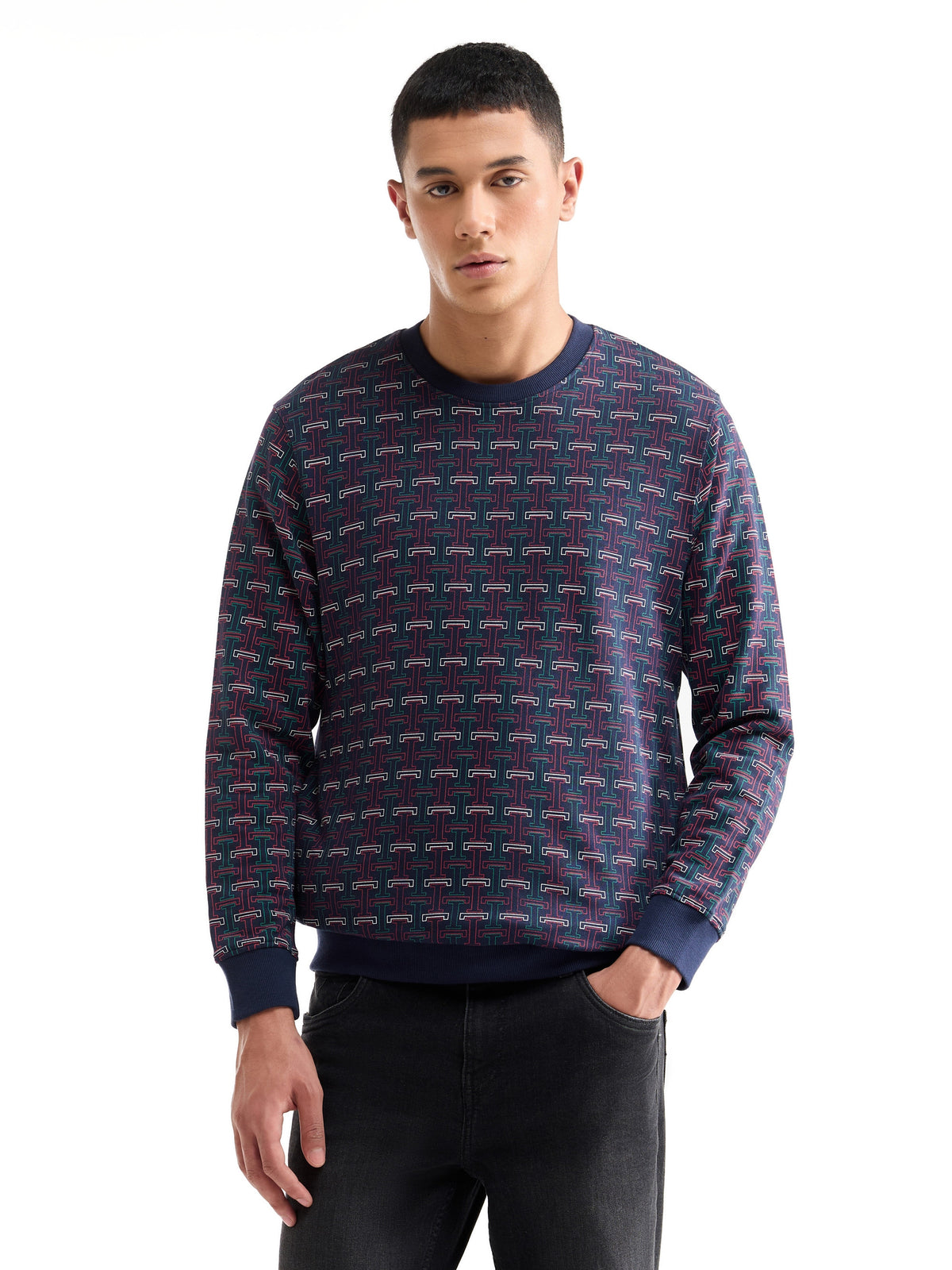 Printed Crew Neck Sweatshirt - Peacoat t4option_0