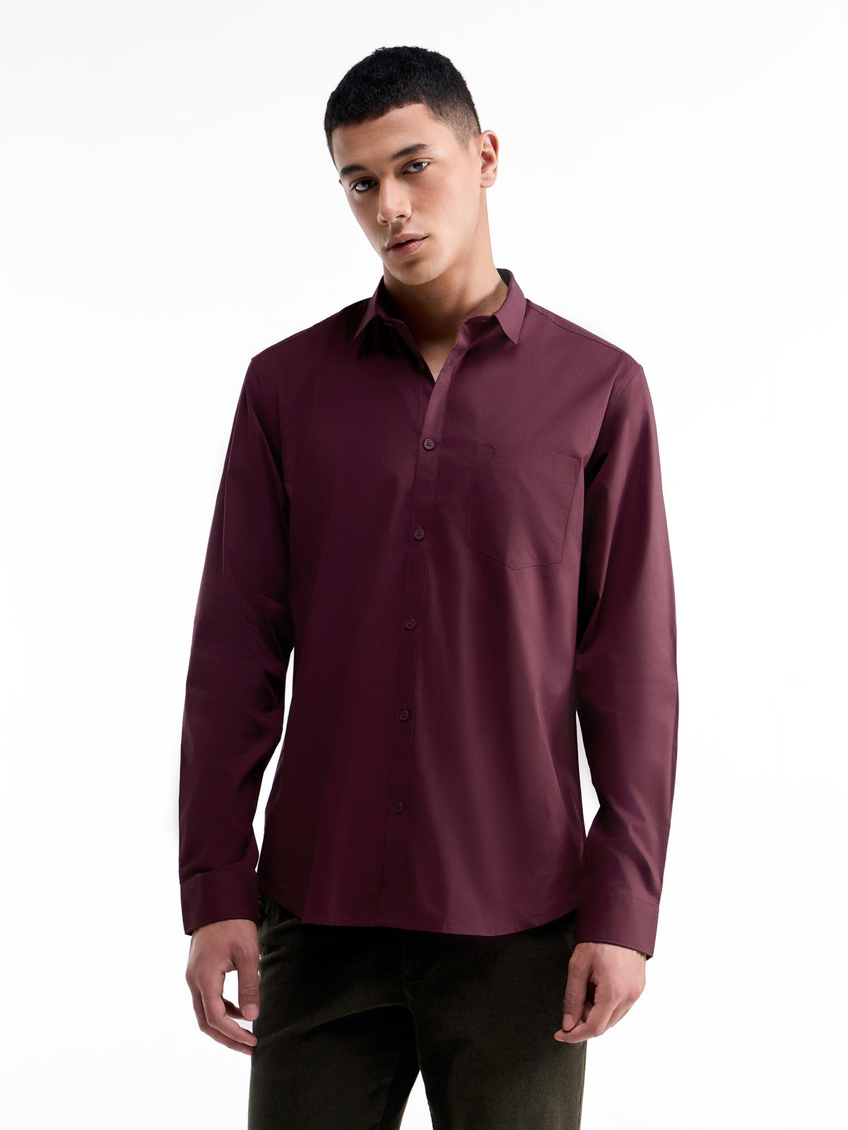 Solid Full Sleeve Cotton Stretch Shirt - Burgundy t4option_0