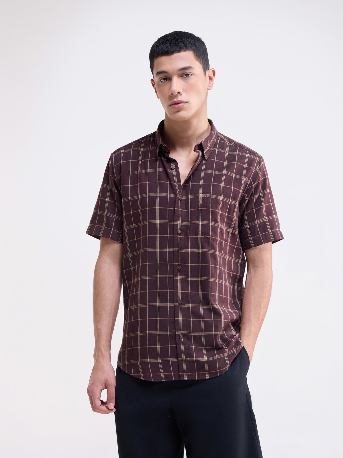 Check Half Sleeve Cotton Poly Shirt - Purple t4option_1