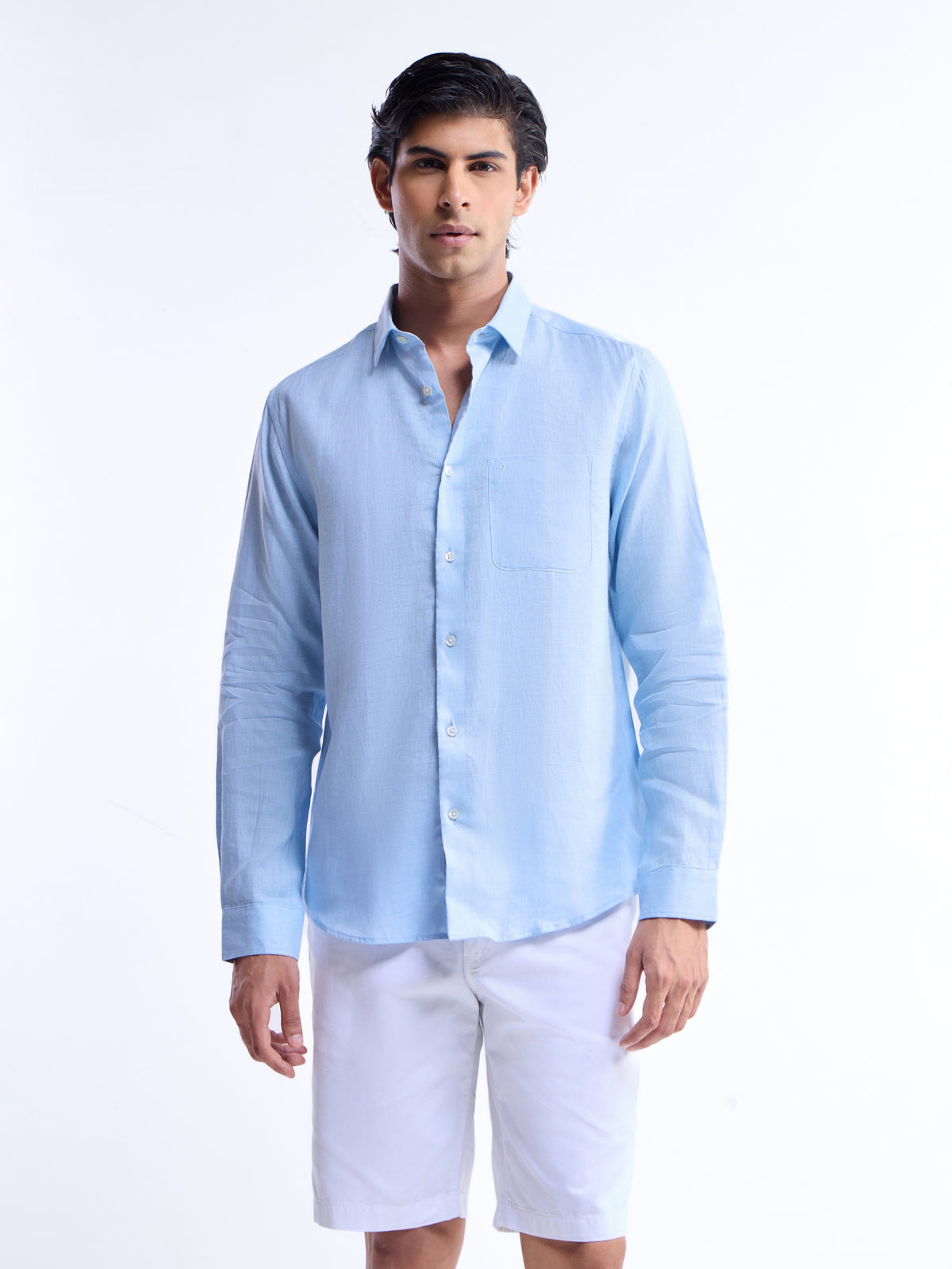 Solid Full Sleeve Linen Shirt - Sky t4option_0