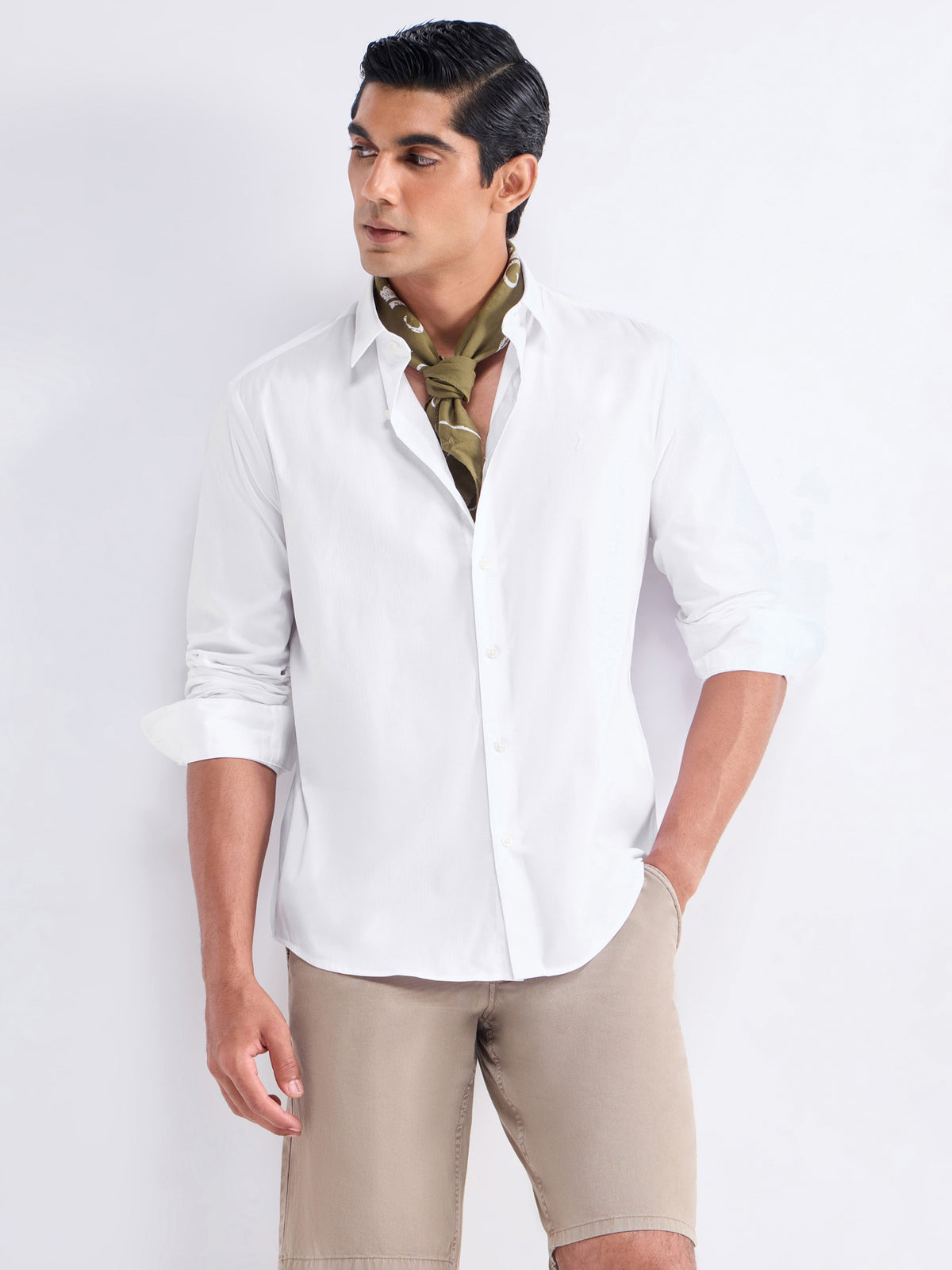 Solid Full Sleeve Poly Stretch Shirt - White t4option_0