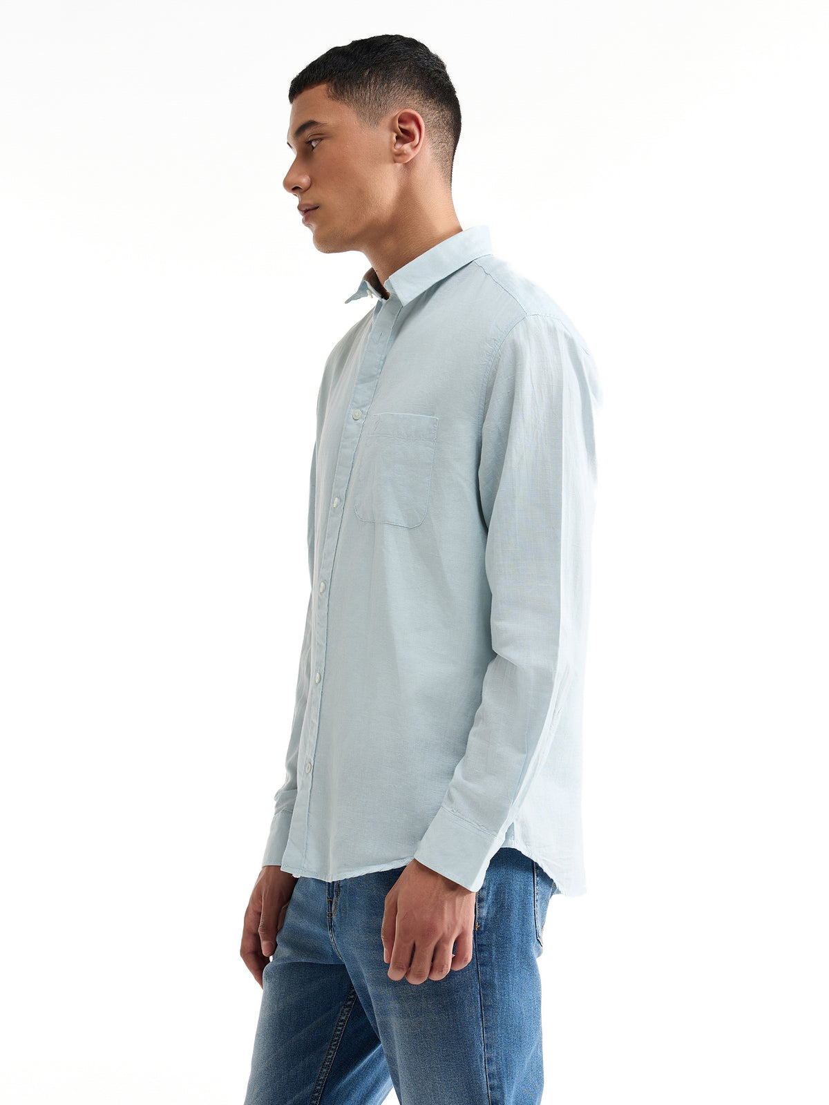 Solid Full Sleeve Cotton Blend Shirt - Sky t4option_0