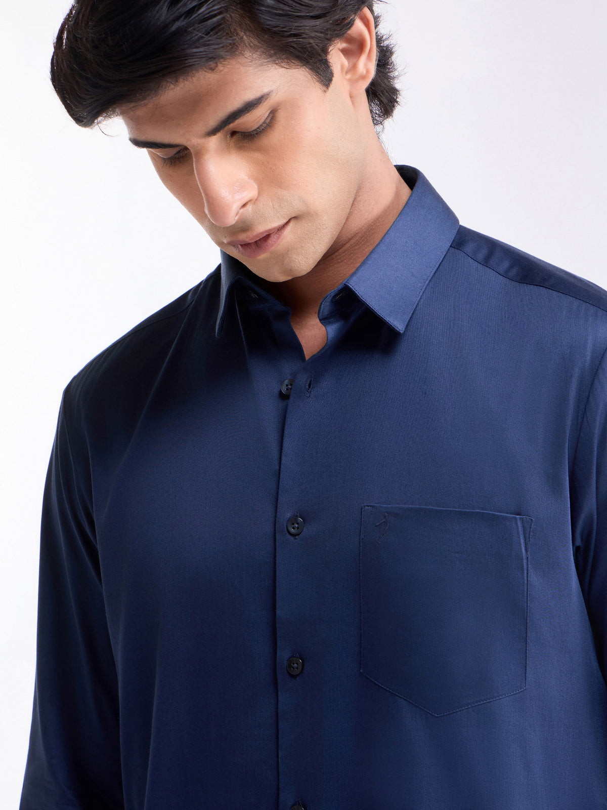 Solid Full Sleeve Cotton Stretch Shirt - Navy t4option_6