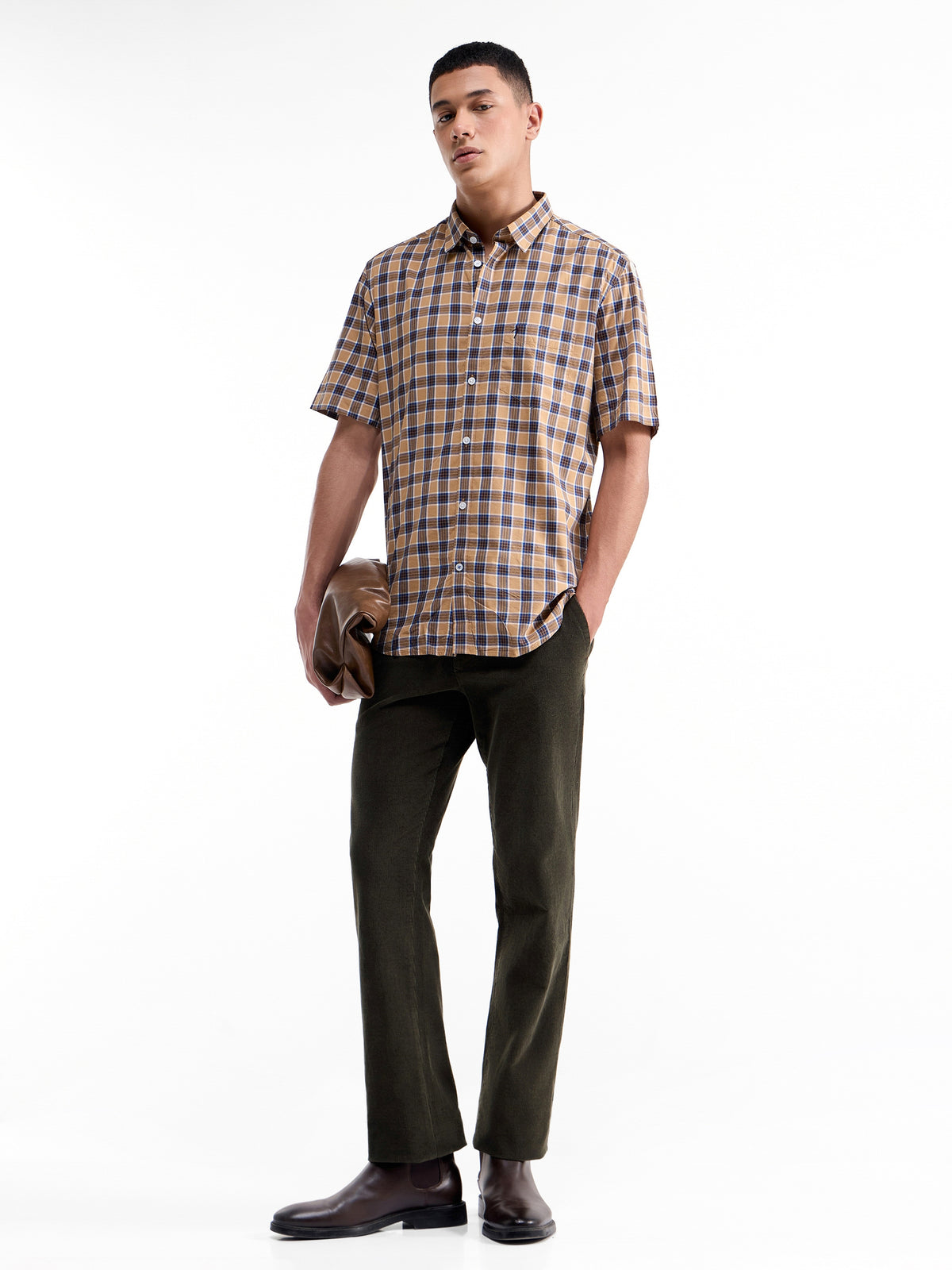 Check Half Sleeve Cotton Viscose Shirt - Khaki t4option_0