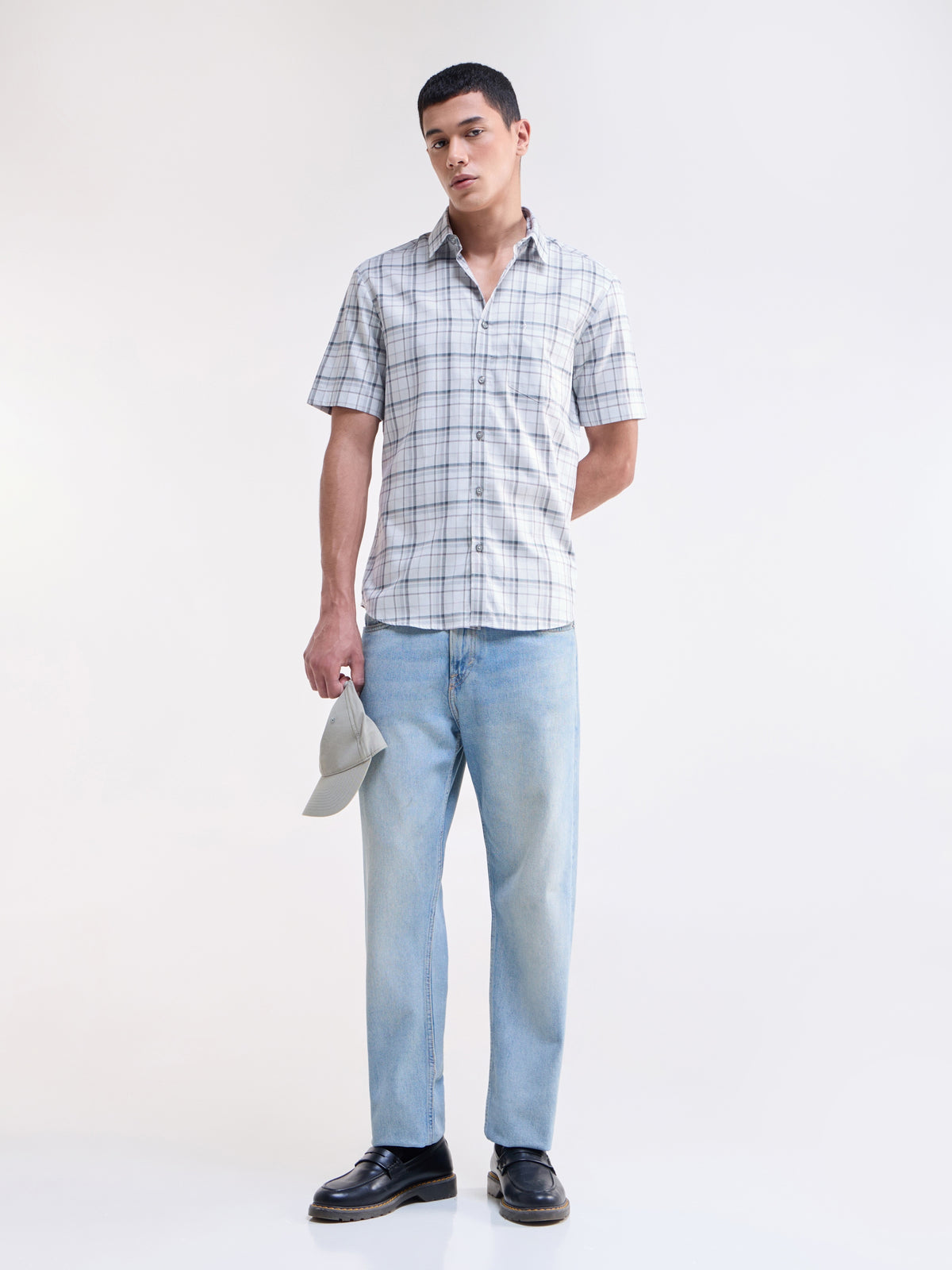 Check Half Sleeve Cotton Shirt - Light Grey t4option_0