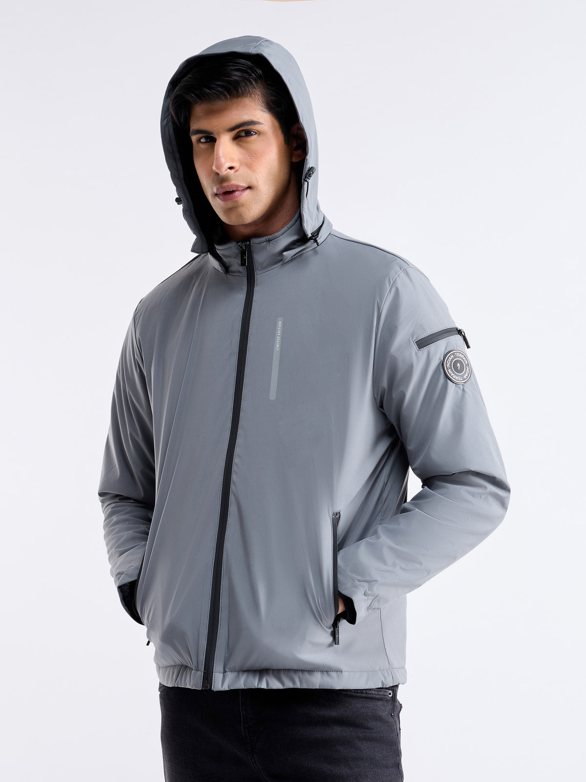 Solid Full Sleeve Biker Jacket - Grey t4option_0