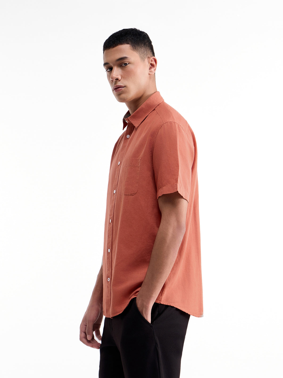 Solid Half Sleeve Cotton Linen Shirt - Rust t4option_0